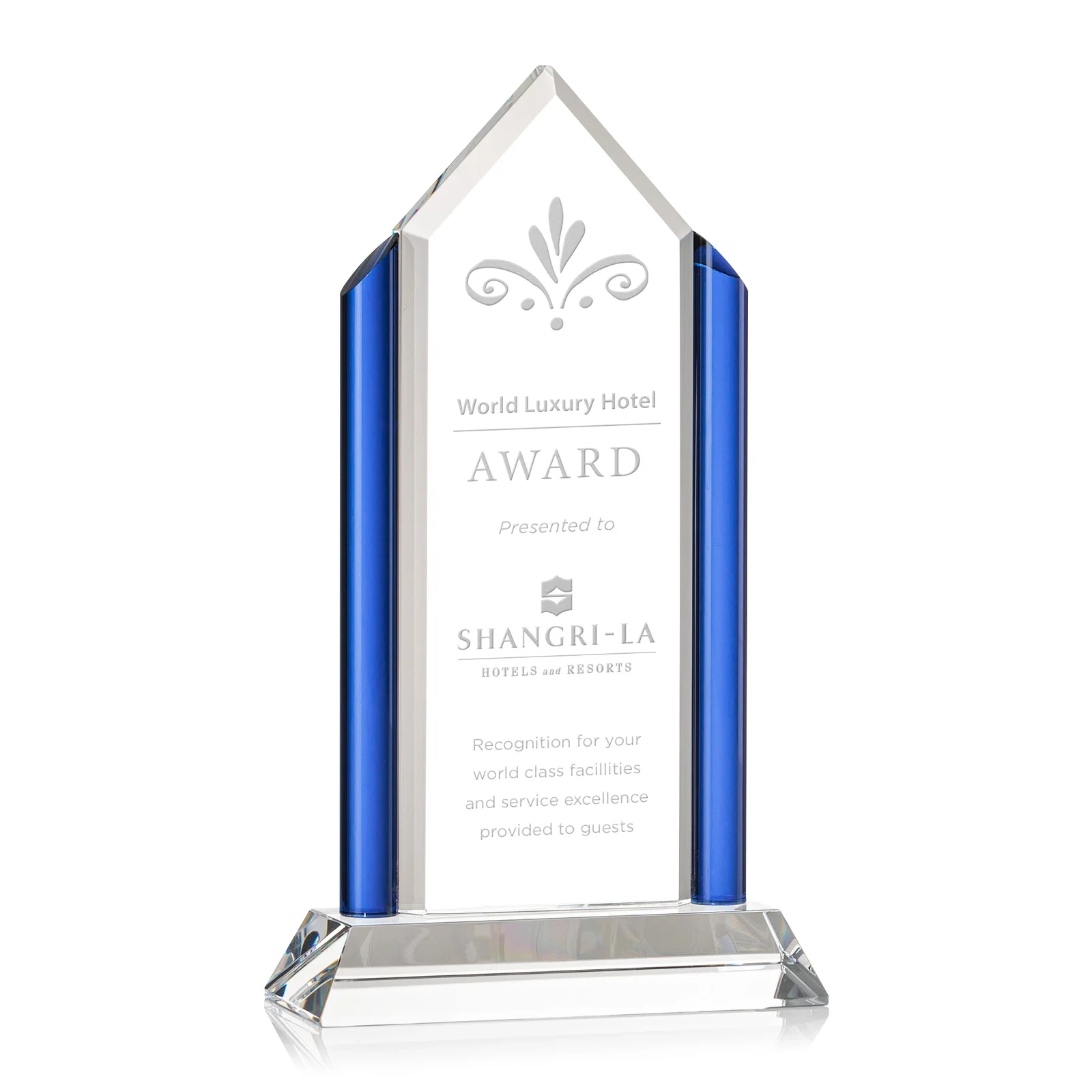 Custom Cobalt Blue Crystal Tower Award With Sculpted Angular Lines for employee recognition