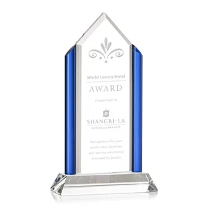 Cobalt Blue Crystal Tower Award With Sculpted Angular Lines