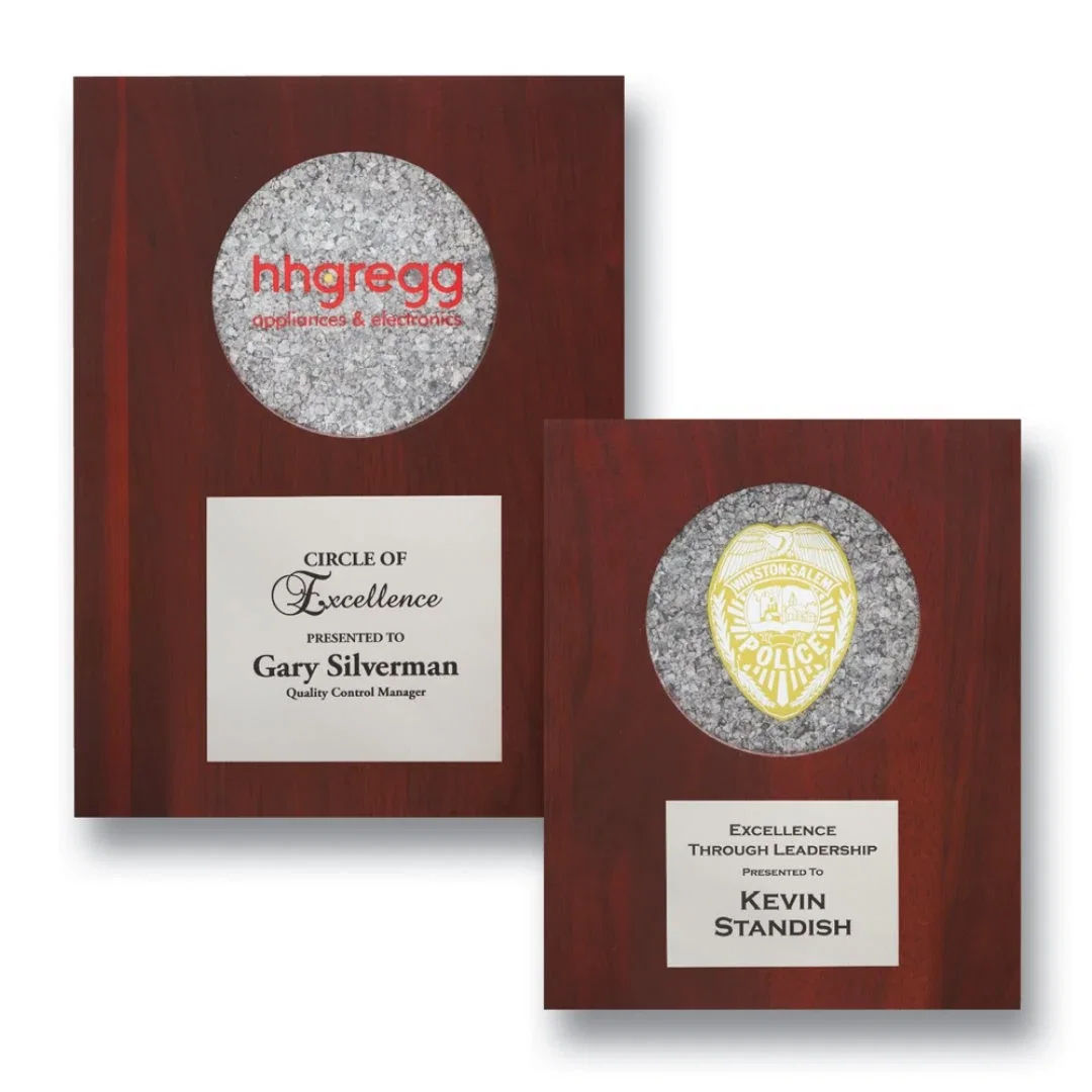 Custom Round Iridescent Mica Plaque on Mahogany Walnut, circle award for employee recognition