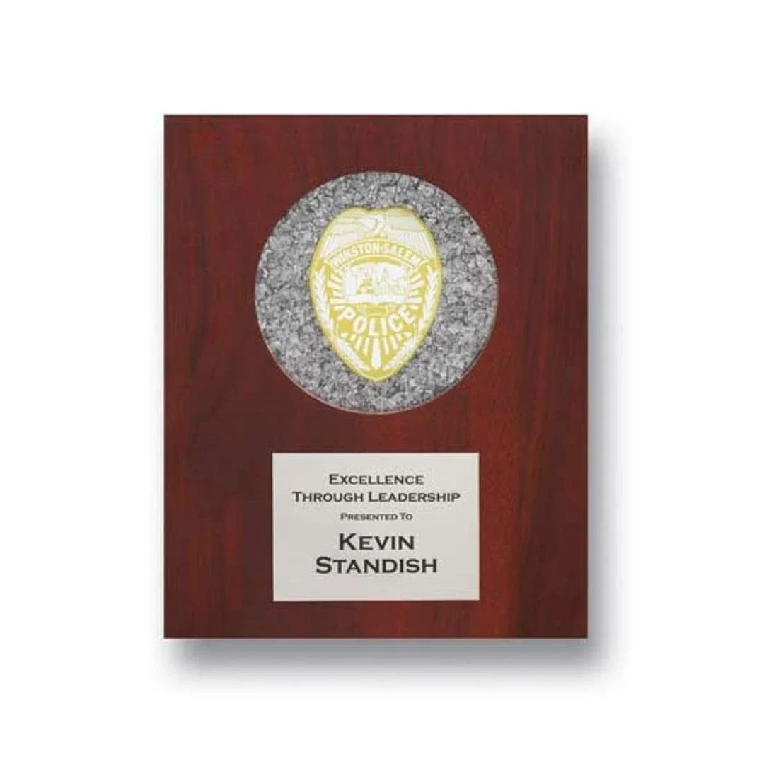 Custom Round Iridescent Mica Plaque on Mahogany Walnut, circle award for corporate award ceremonies