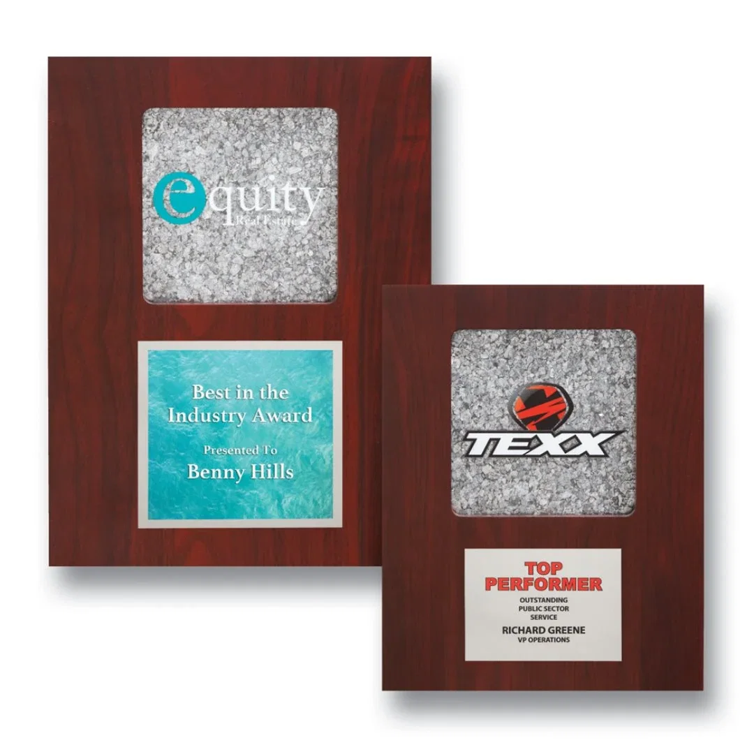 Custom Rectangular Iridescent Mica Plaque on Mahogany Walnut for employee recognition
