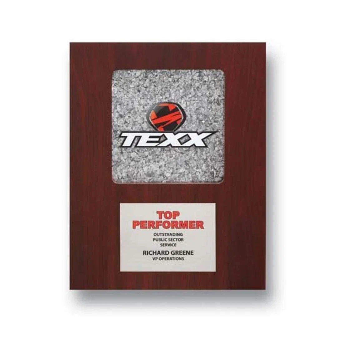 Custom Rectangular Iridescent Mica Plaque on Mahogany Walnut for corporate award ceremonies