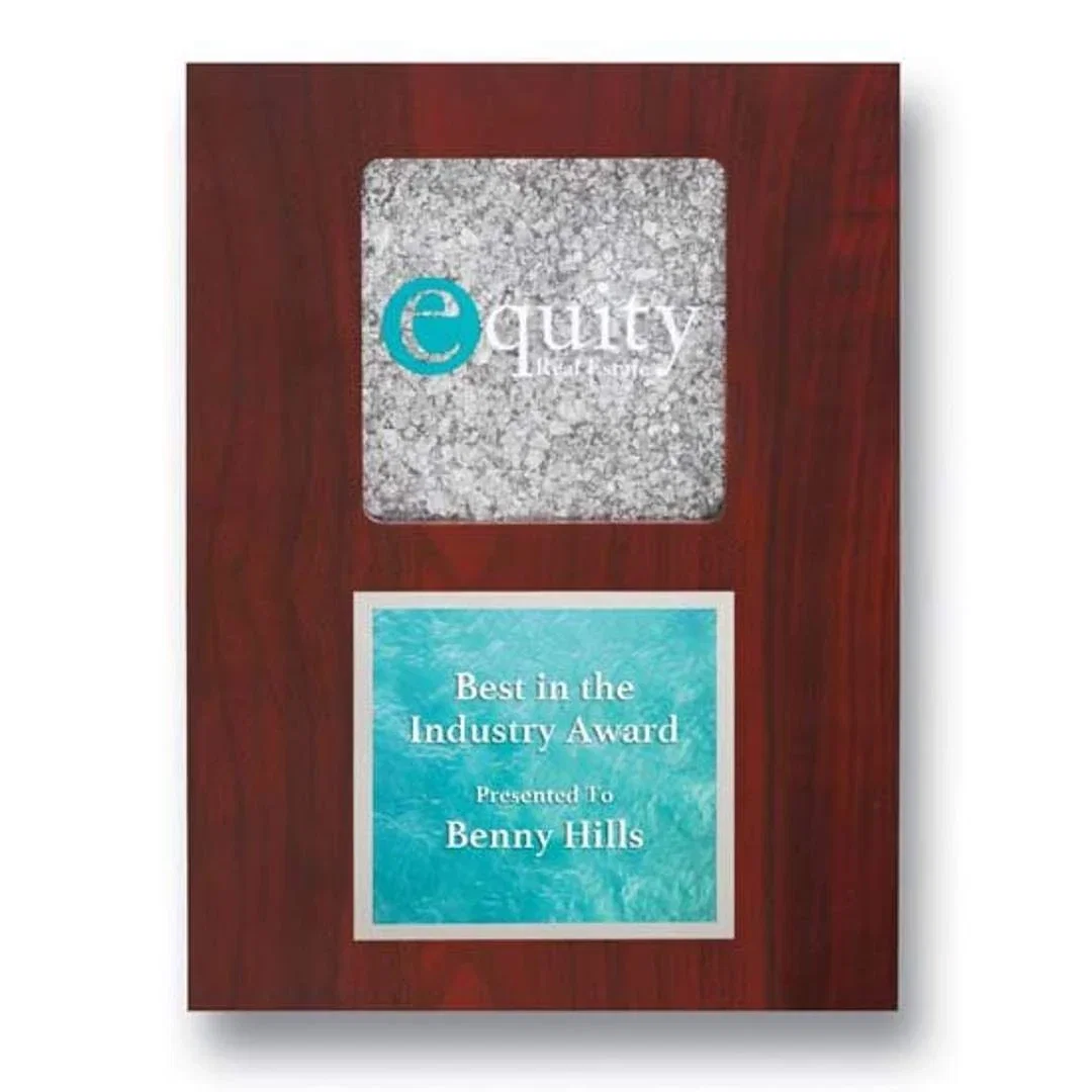 Custom Rectangular Iridescent Mica Plaque on Mahogany Walnut for service anniversary gifts