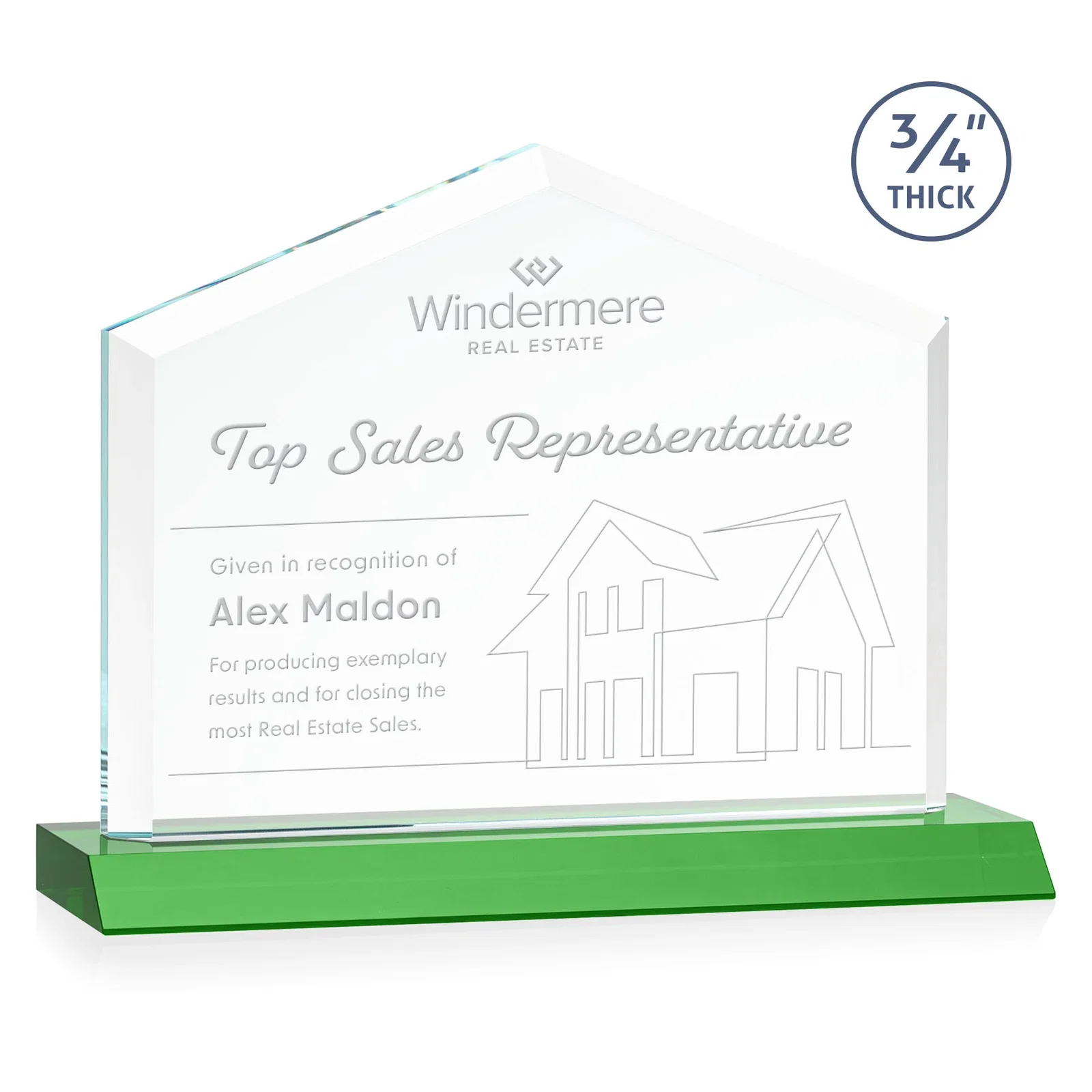 Personalized Starfire Crystal Real Estate Award with a Front-Only Bevel for service anniversary gifts