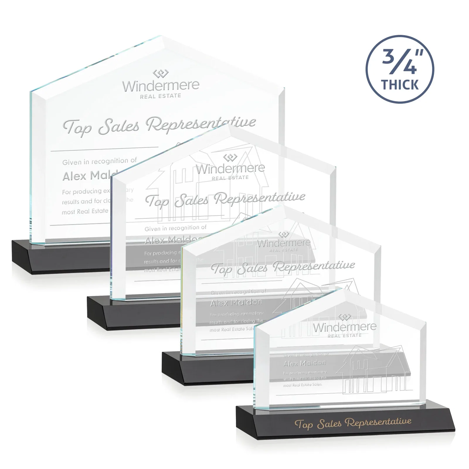 Personalized Starfire Crystal Real Estate Award with a Front-Only Bevel for sales achievement awards