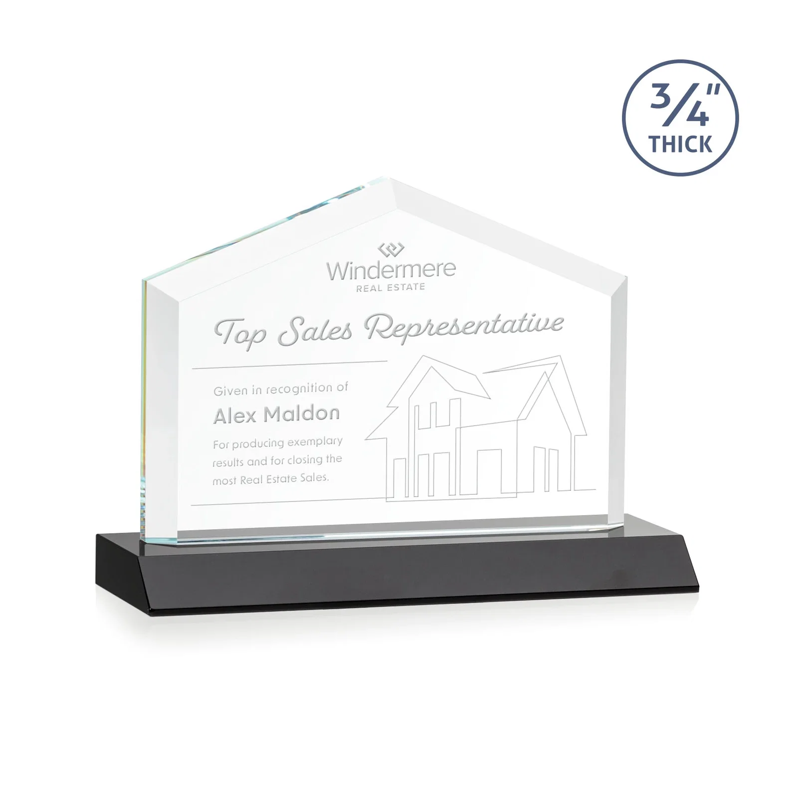 Personalized Starfire Crystal Real Estate Award with a Front-Only Bevel for retirement presentations