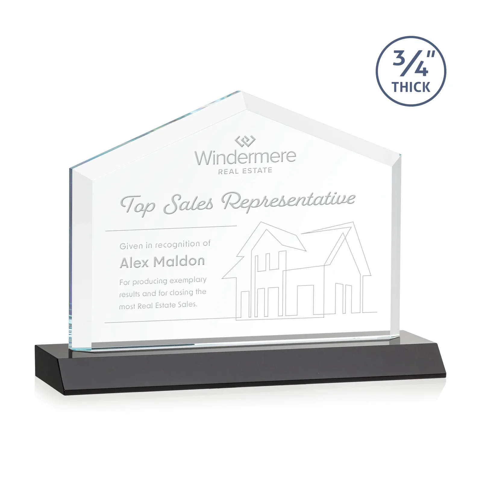 Personalized Starfire Crystal Real Estate Award with a Front-Only Bevel for team milestone celebrations