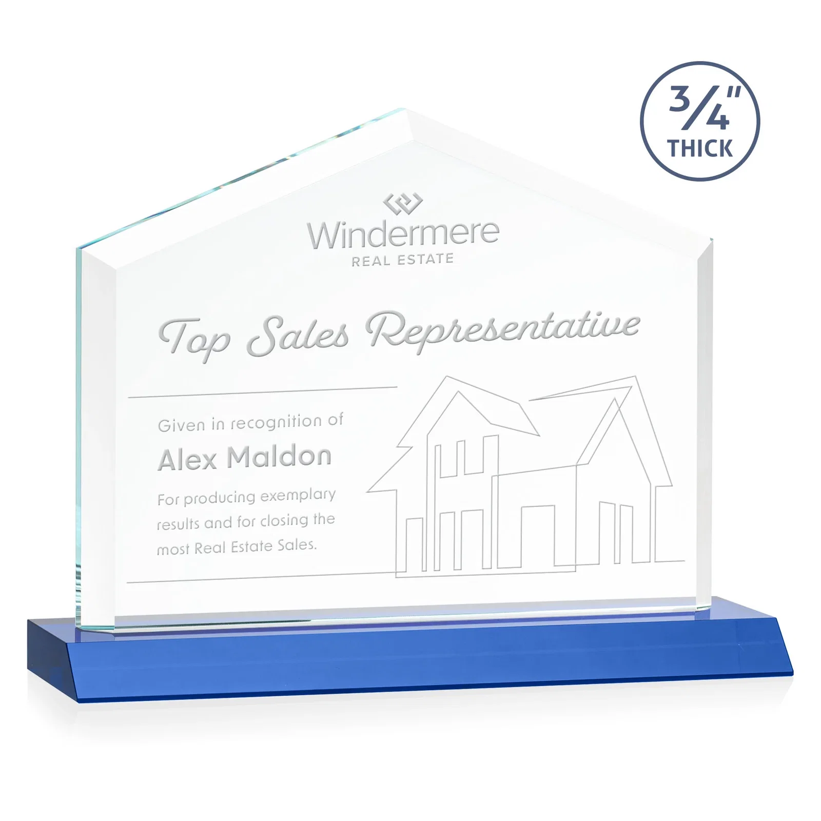 Personalized Starfire Crystal Real Estate Award with a Front-Only Bevel for company anniversary events