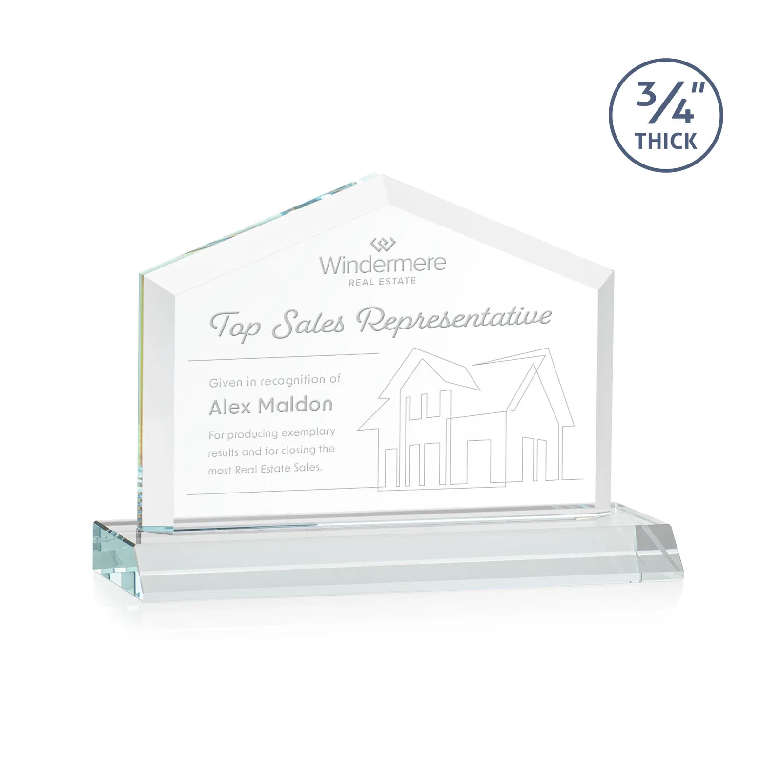 Custom Starfire Crystal Real Estate Award with a Front-Only Bevel for service anniversary gifts