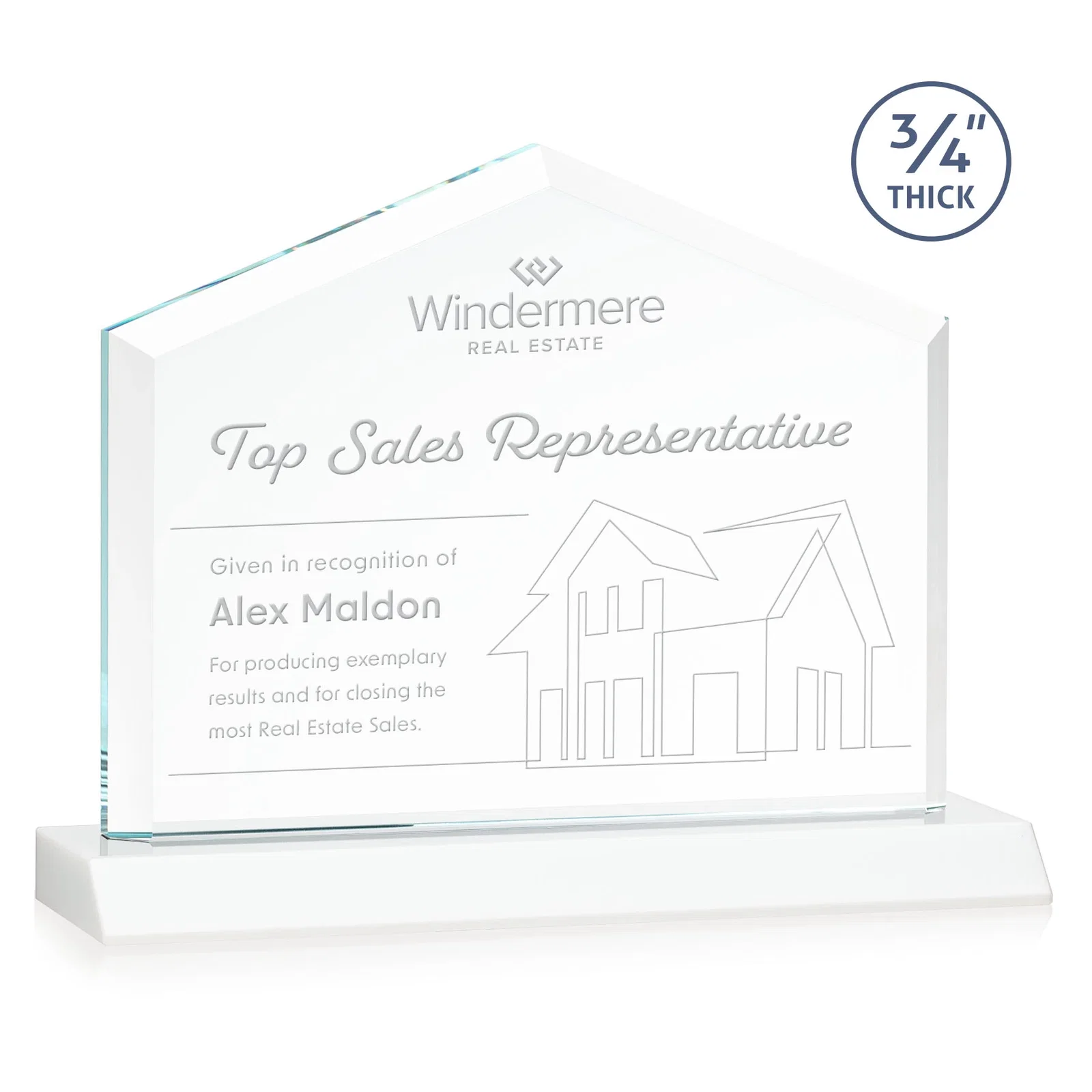 Branded Starfire Crystal Real Estate Award with a Front-Only Bevel for service anniversary gifts
