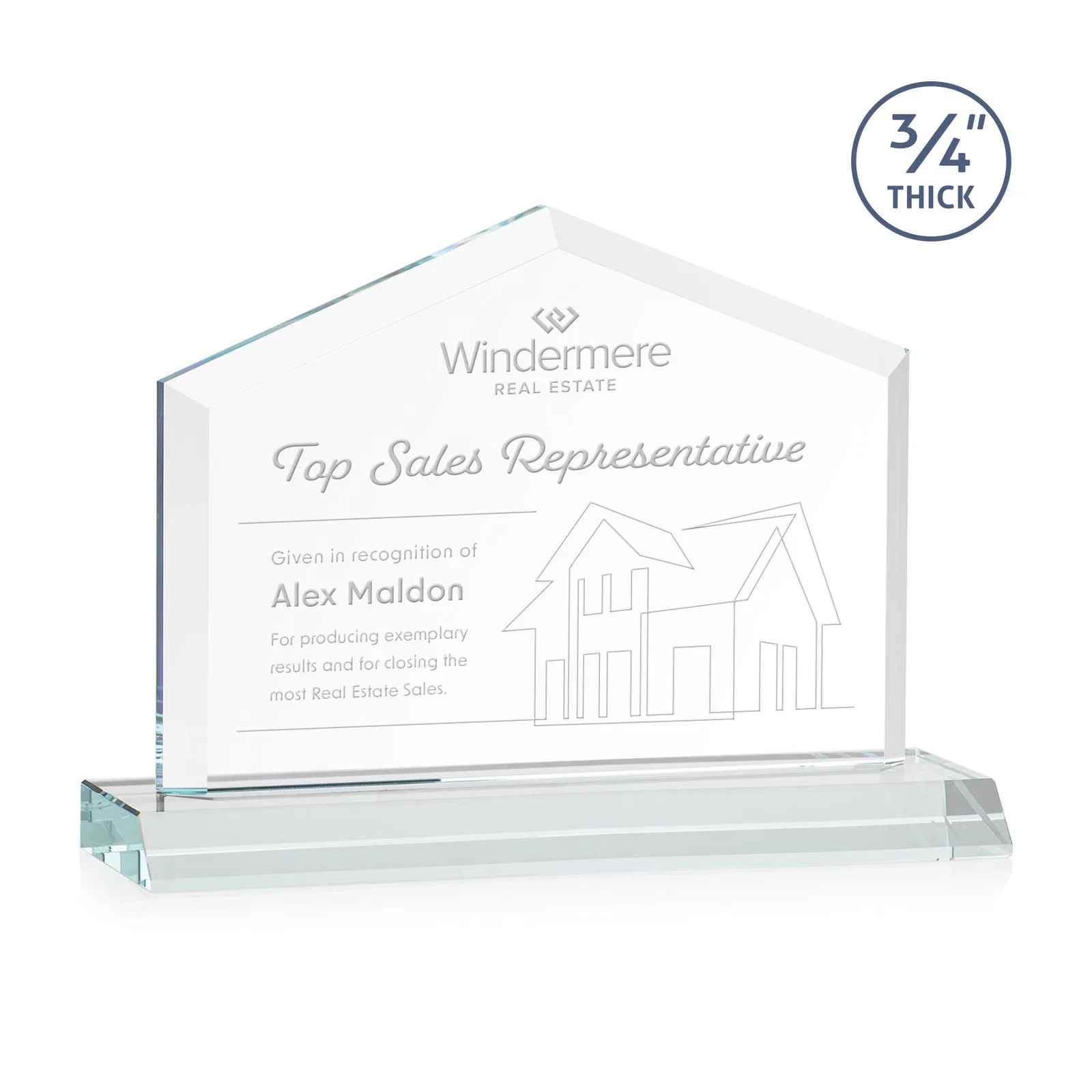 Custom Starfire Crystal Real Estate Award with a Front-Only Bevel for sales achievement awards