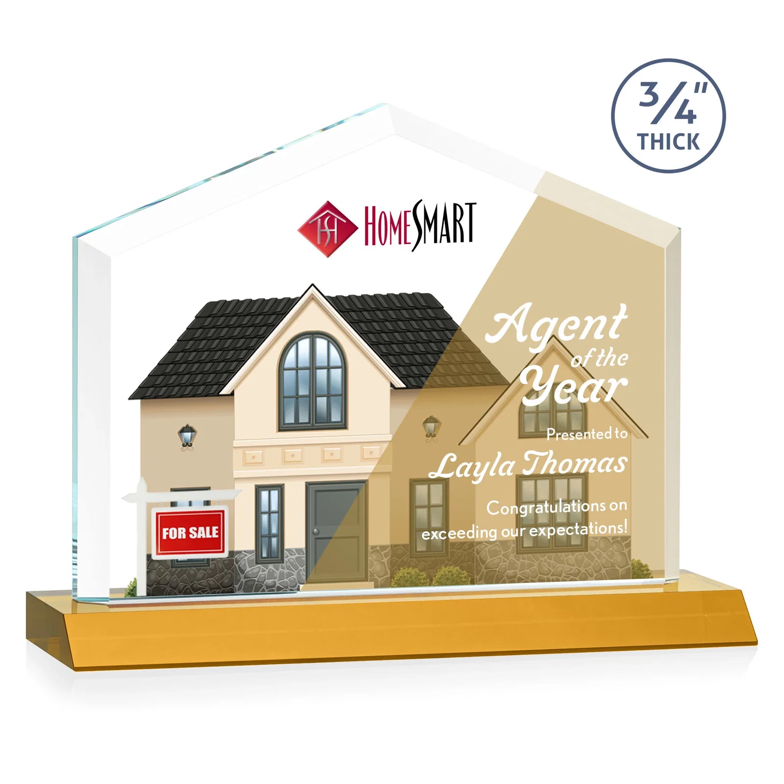 Custom printed Starfire Crystal Real Estate Award with a Front-Only Bevel for employee recognition