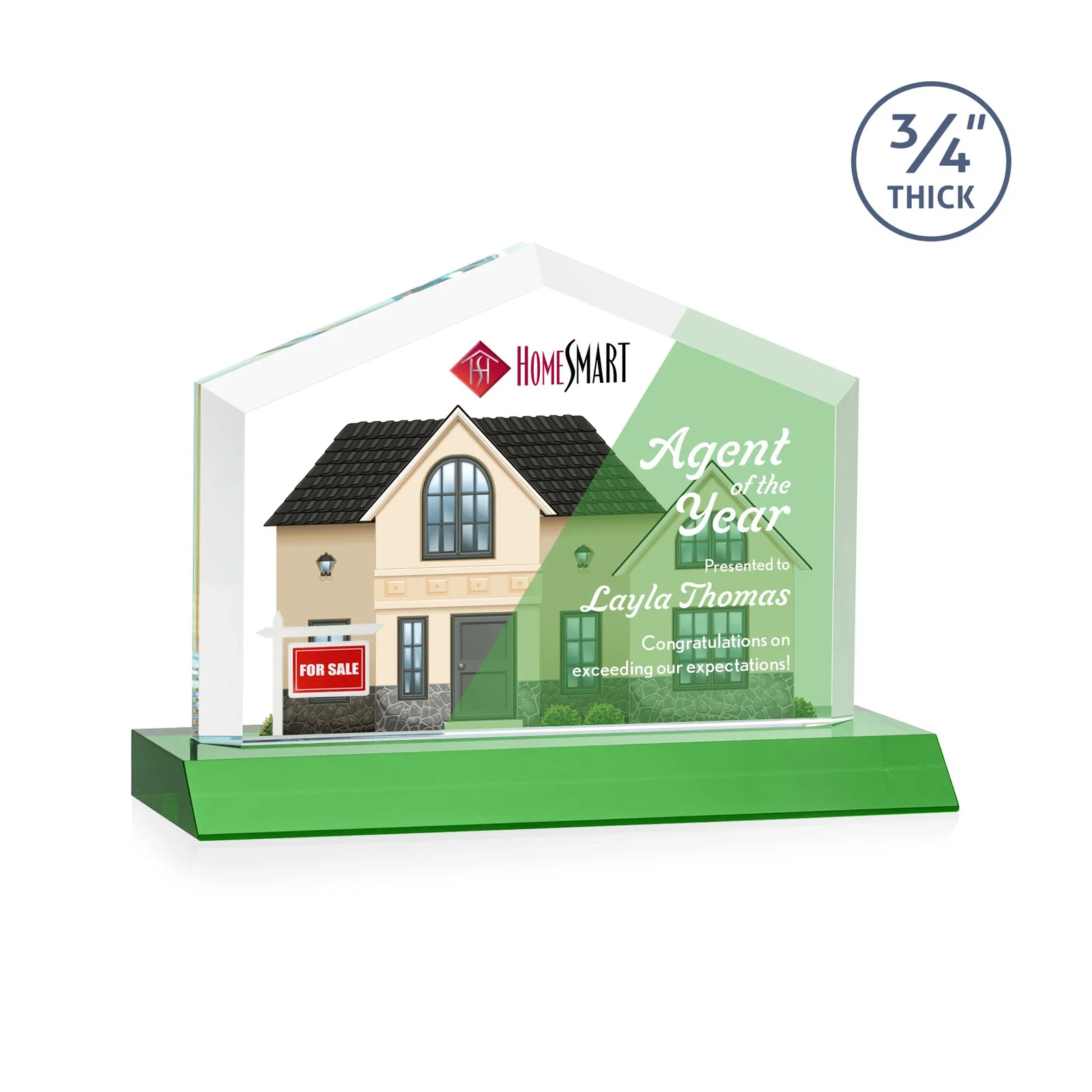 Custom printed Starfire Crystal Real Estate Award with a Front-Only Bevel for sales achievement awards