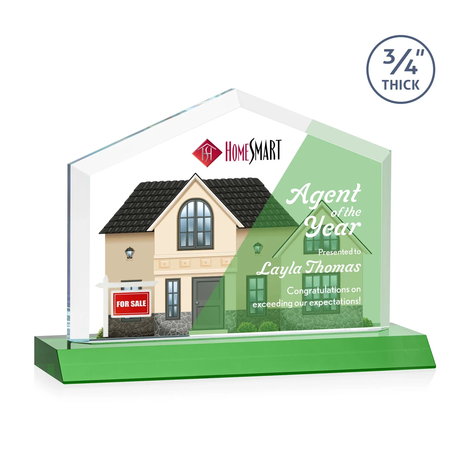 Custom printed Starfire Crystal Real Estate Award with a Front-Only Bevel for retirement presentations