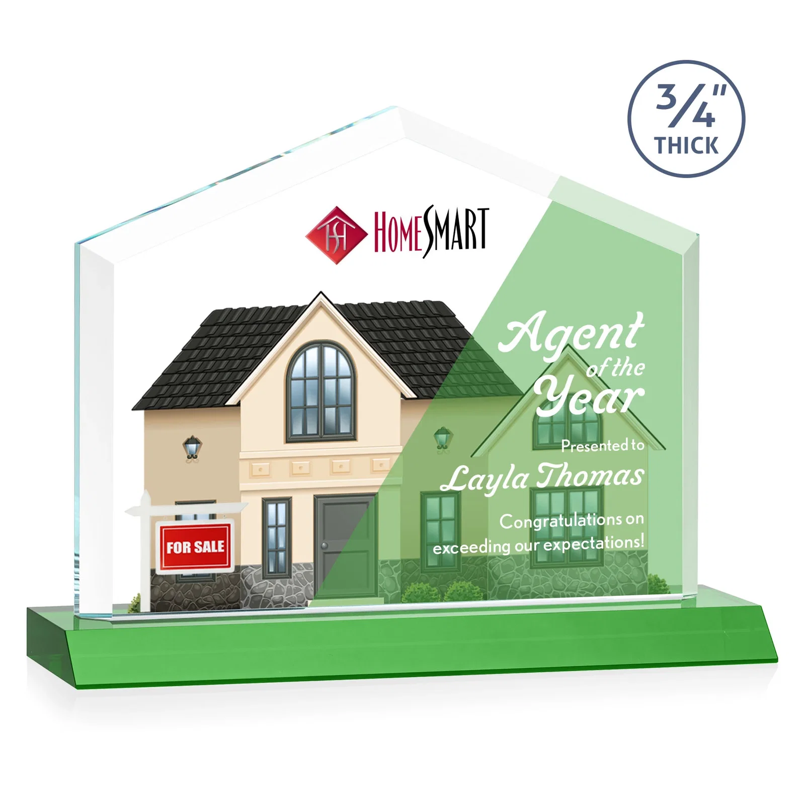 Custom printed Starfire Crystal Real Estate Award with a Front-Only Bevel for team milestone celebrations