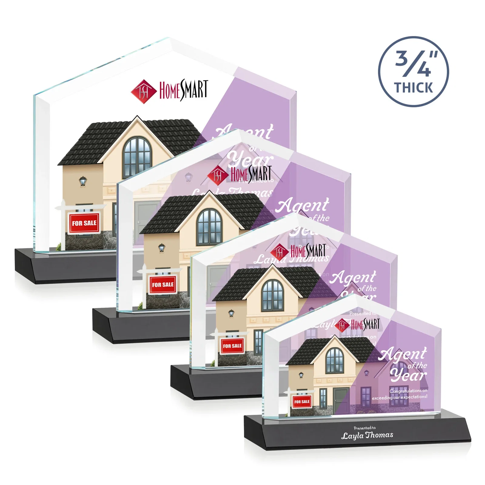 Custom printed Starfire Crystal Real Estate Award with a Front-Only Bevel for donor appreciation