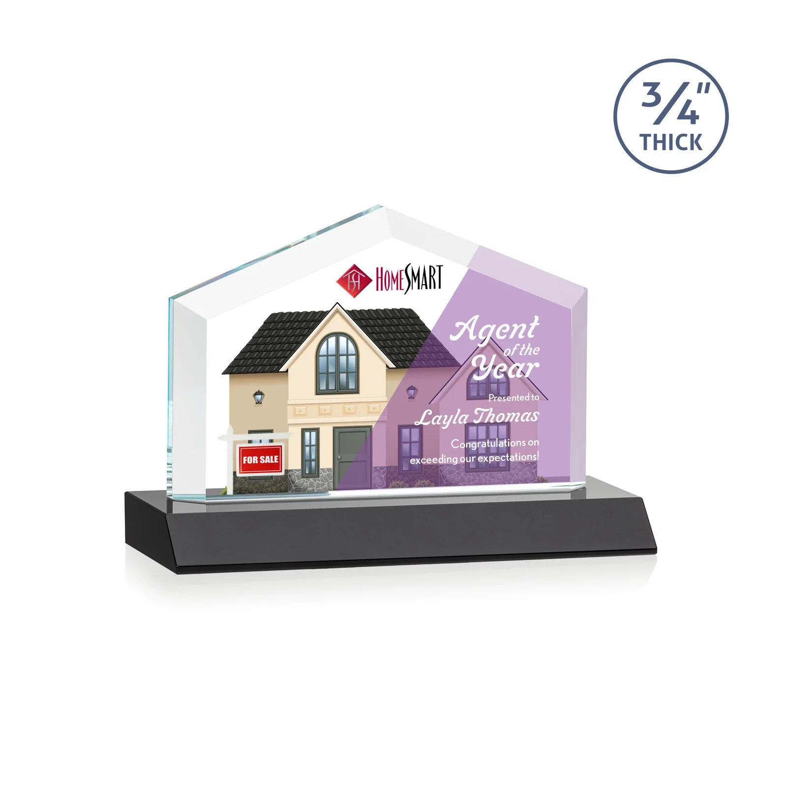 Custom printed Starfire Crystal Real Estate Award with a Front-Only Bevel for graduation ceremonies