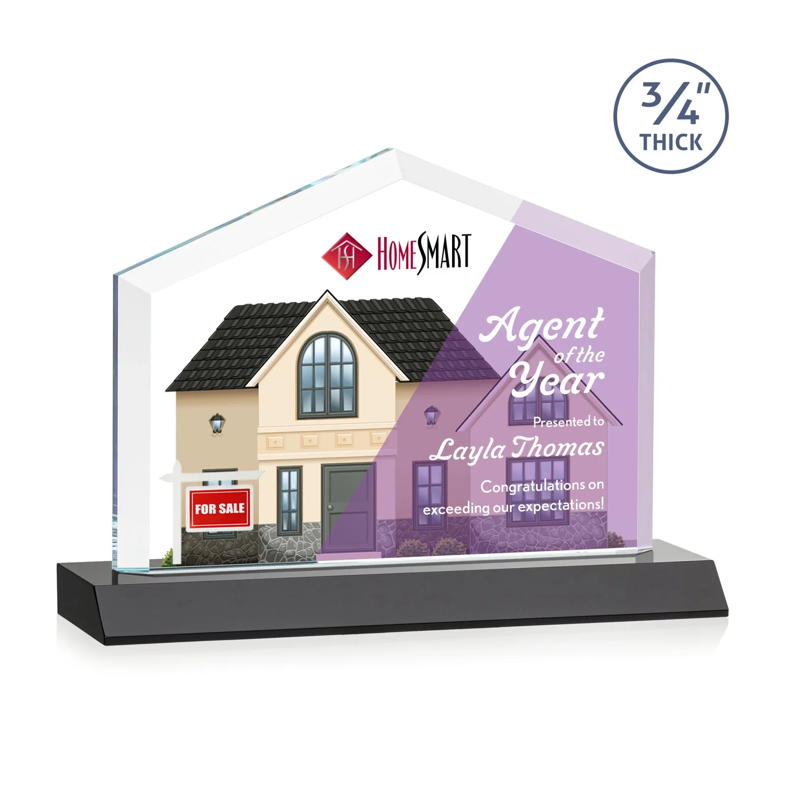 Custom printed Starfire Crystal Real Estate Award with a Front-Only Bevel for volunteer appreciation