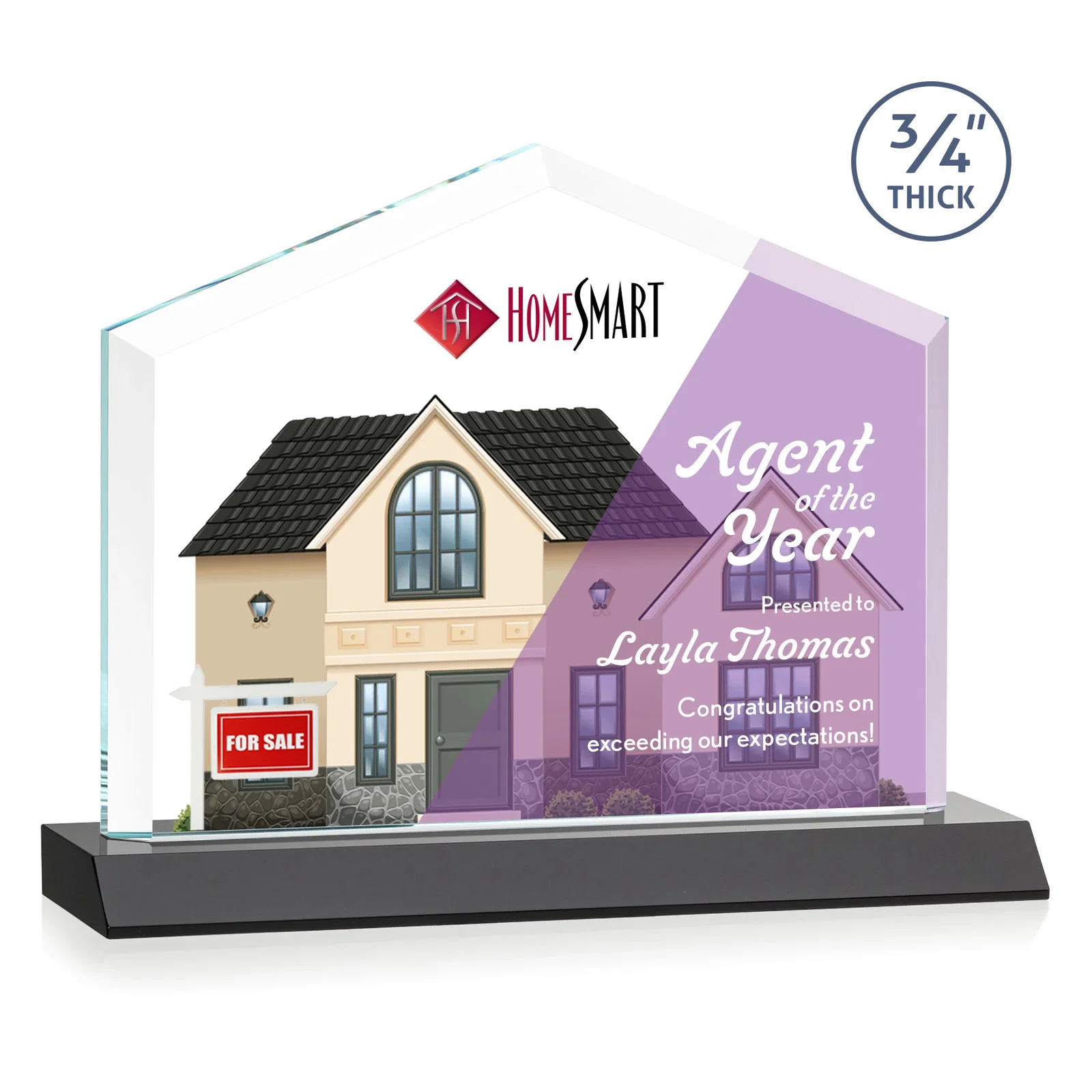 Custom printed Starfire Crystal Real Estate Award with a Front-Only Bevel for dealer and partner awards