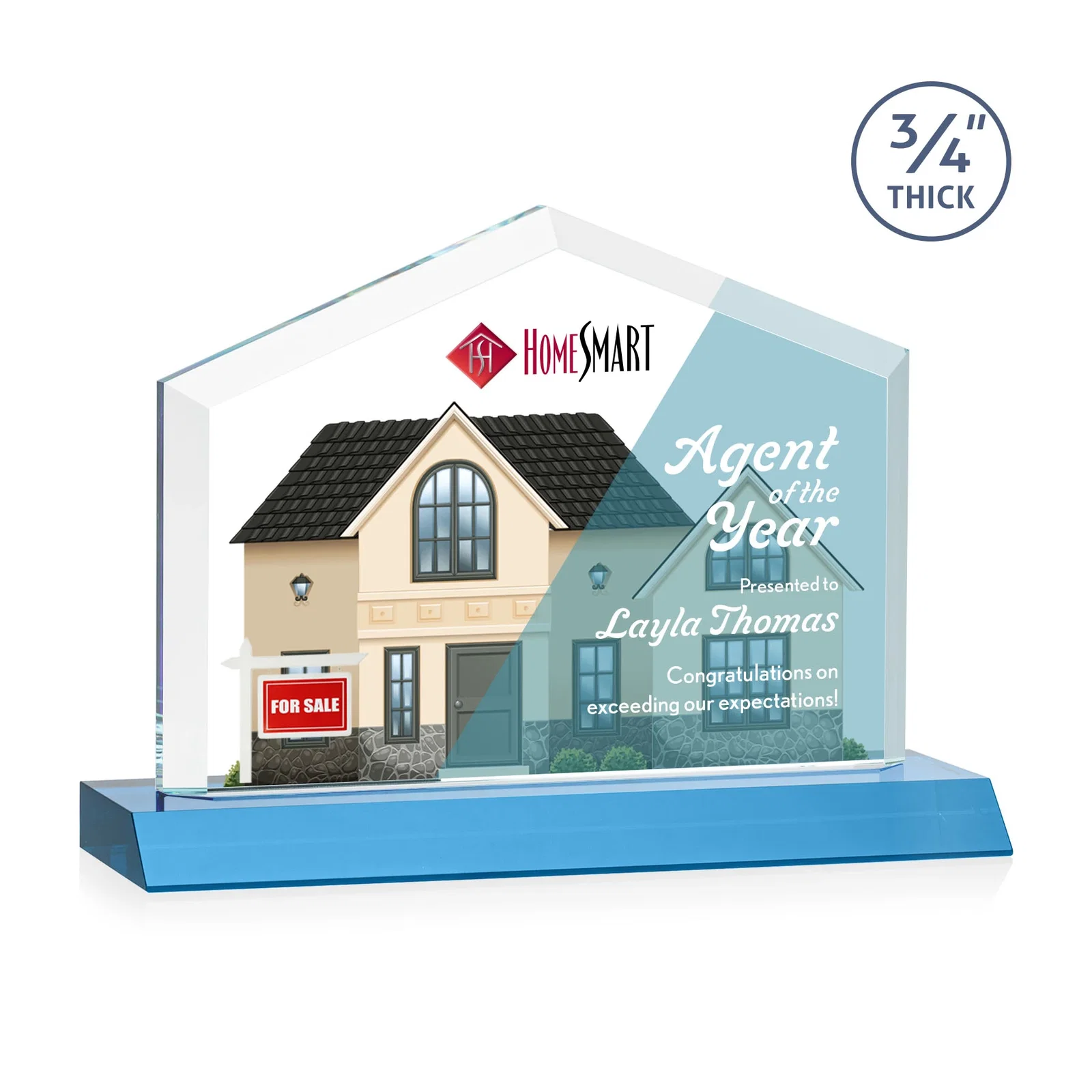 Custom engraved Starfire Crystal Real Estate Award with a Front-Only Bevel for employee recognition