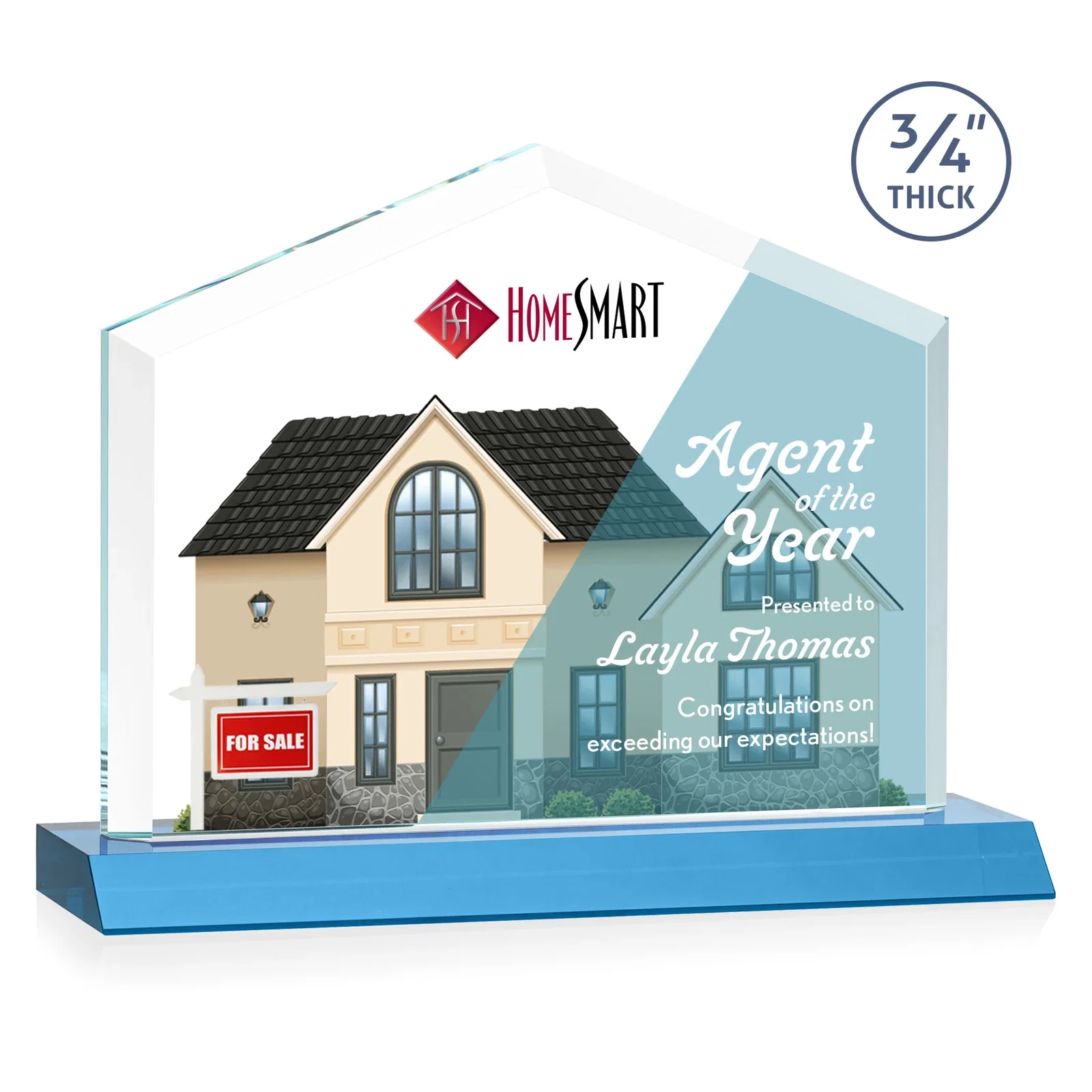 Custom engraved Starfire Crystal Real Estate Award with a Front-Only Bevel for corporate award ceremonies