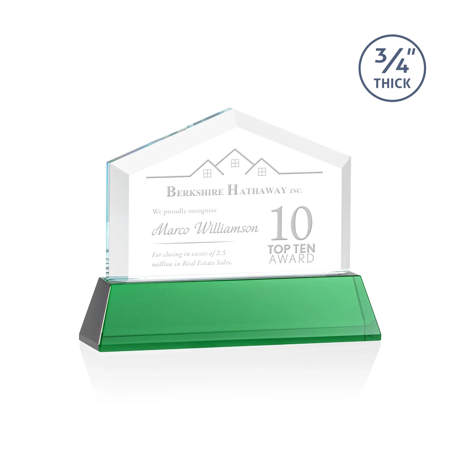 Custom Starfire Crystal Real Estate Award on a Tapered Optical Crystal Base for company anniversary events
