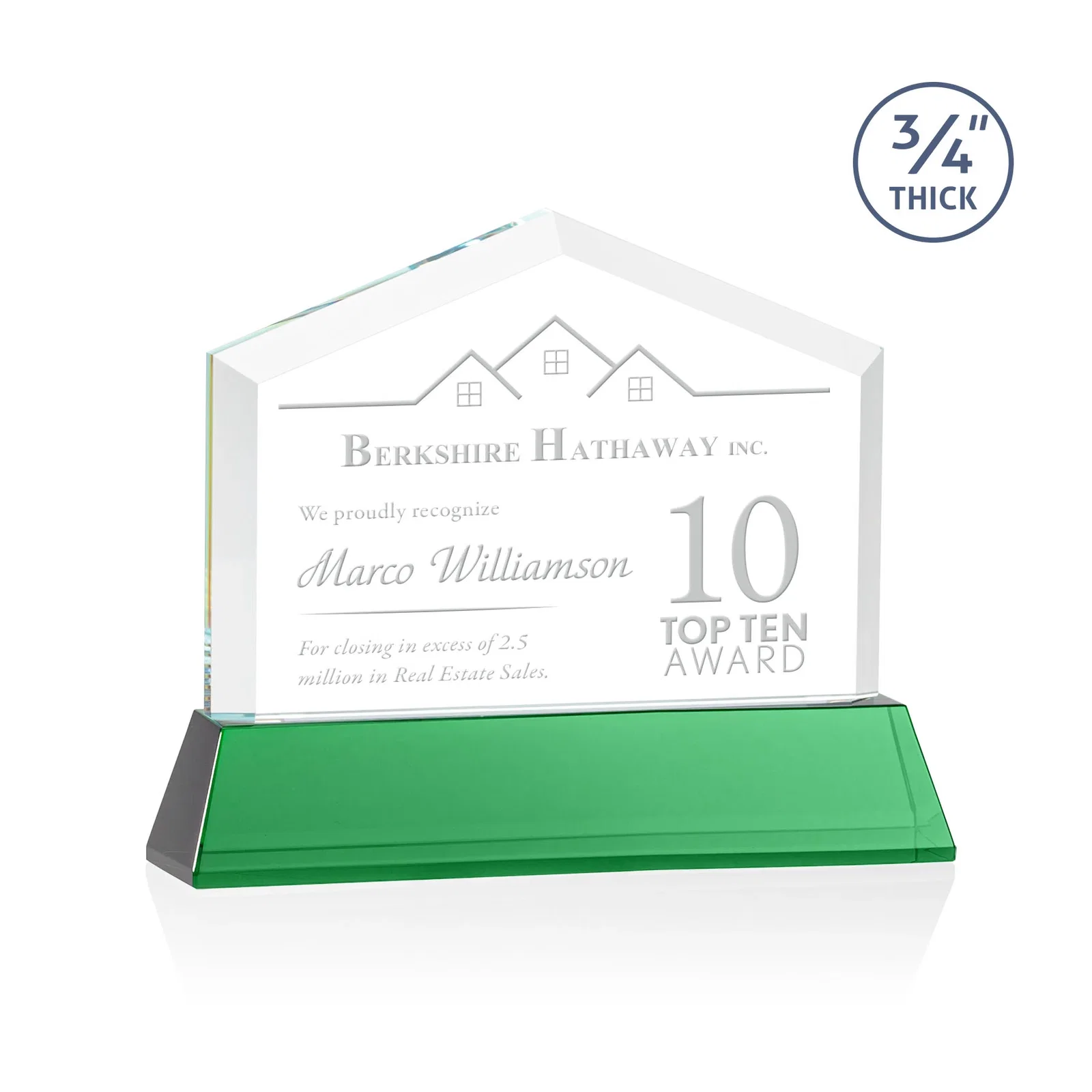 Personalized Starfire Crystal Real Estate Award on a Tapered Optical Crystal Base for employee recognition