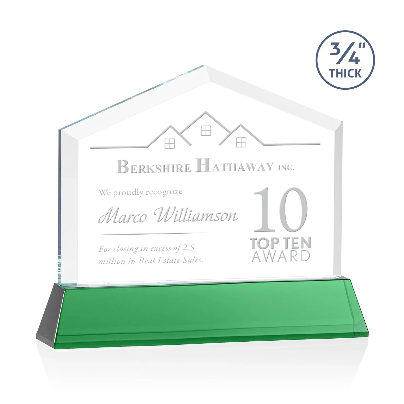 Personalized Starfire Crystal Real Estate Award on a Tapered Optical Crystal Base for corporate award ceremonies