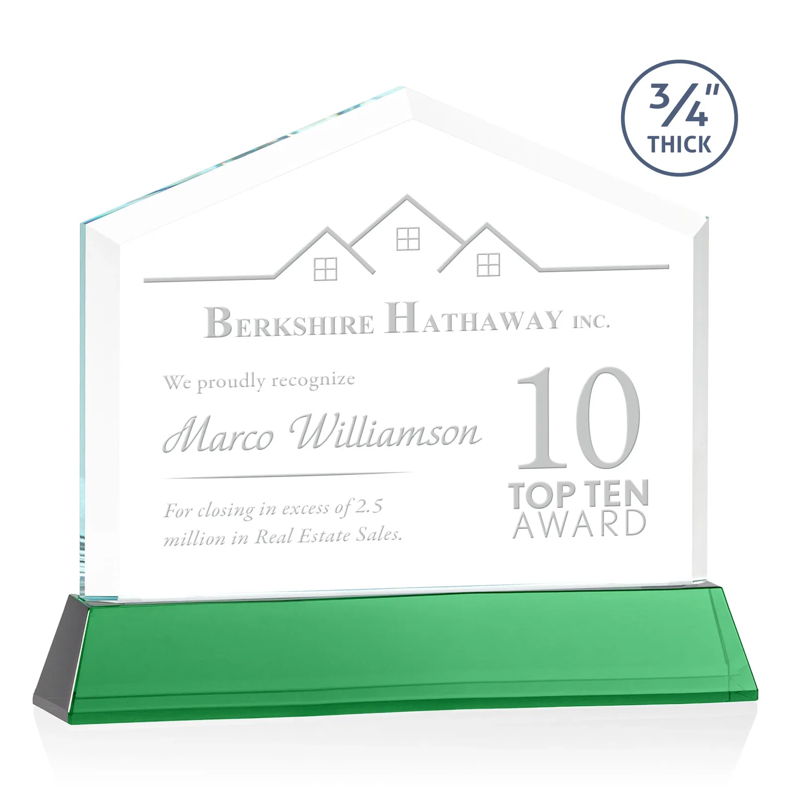 Personalized Starfire Crystal Real Estate Award on a Tapered Optical Crystal Base for service anniversary gifts