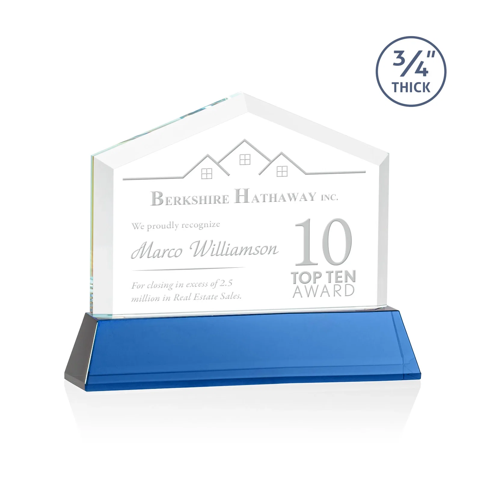 Personalized Starfire Crystal Real Estate Award on a Tapered Optical Crystal Base for dealer and partner awards