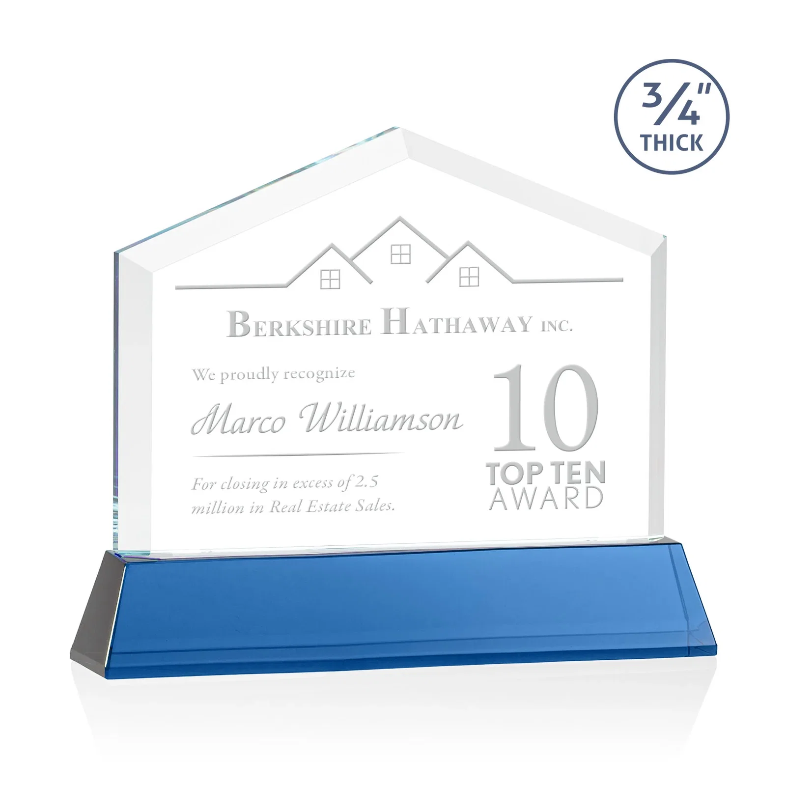 Personalized Starfire Crystal Real Estate Award on a Tapered Optical Crystal Base for company anniversary events