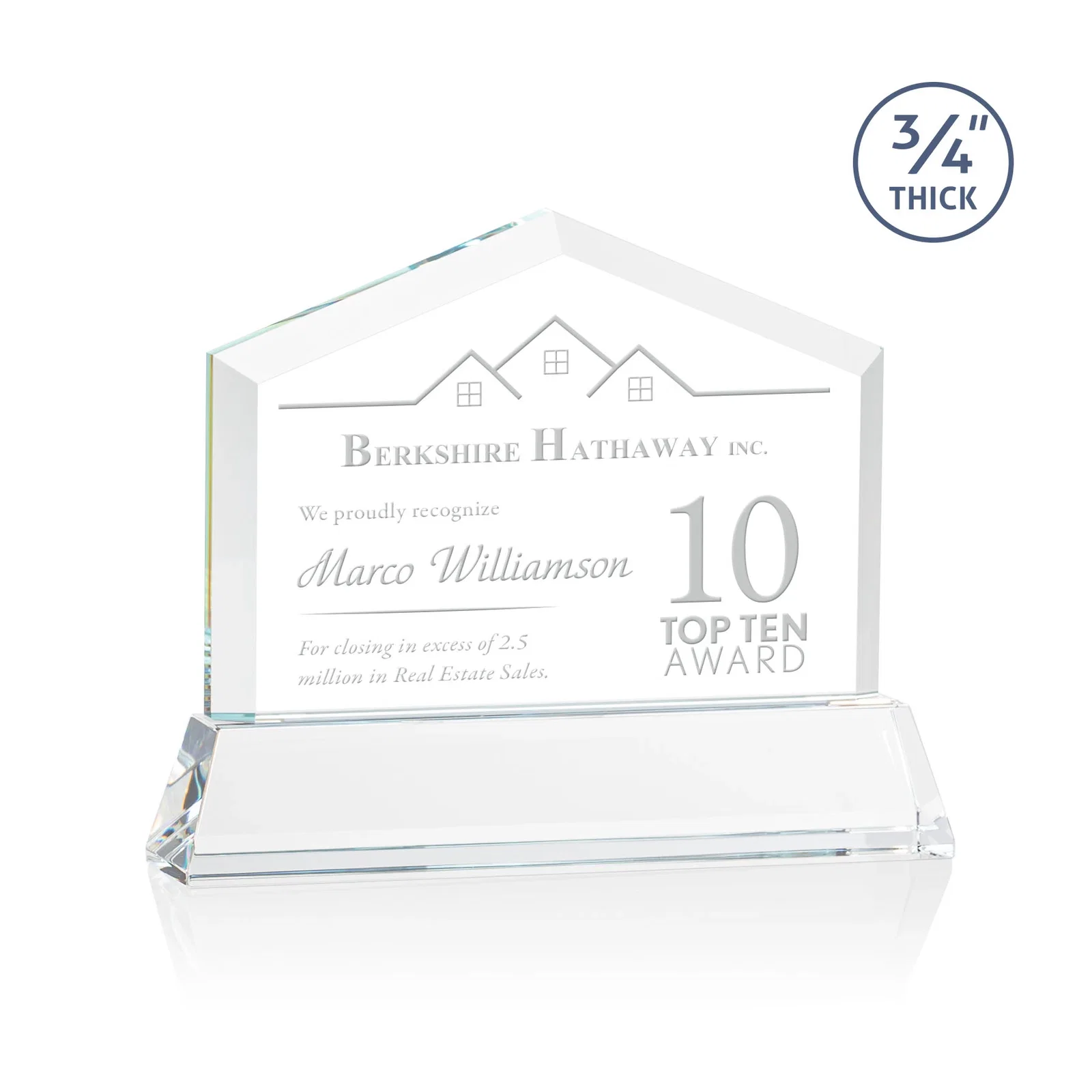 Custom Starfire Crystal Real Estate Award on a Tapered Optical Crystal Base for service anniversary gifts
