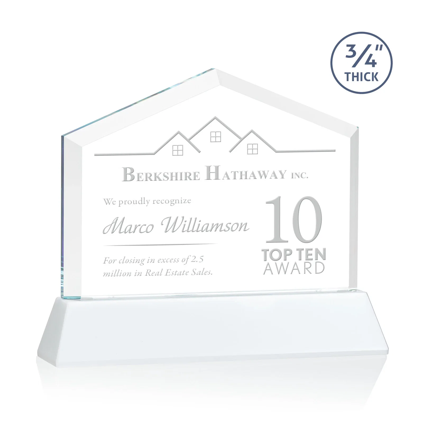 Branded Starfire Crystal Real Estate Award on a Tapered Optical Crystal Base for service anniversary gifts