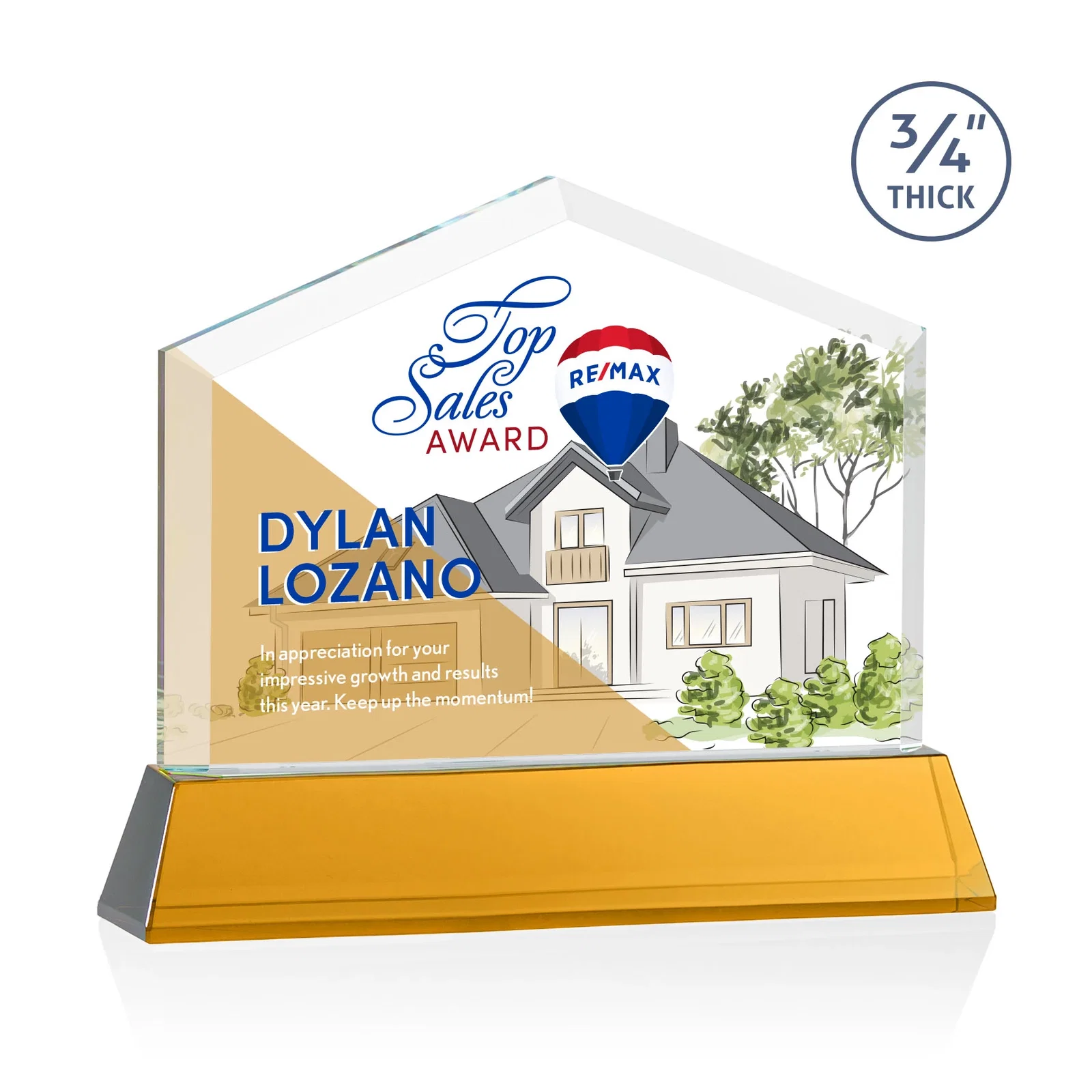 Custom printed Starfire Crystal Real Estate Award on a Tapered Optical Crystal Base for employee recognition
