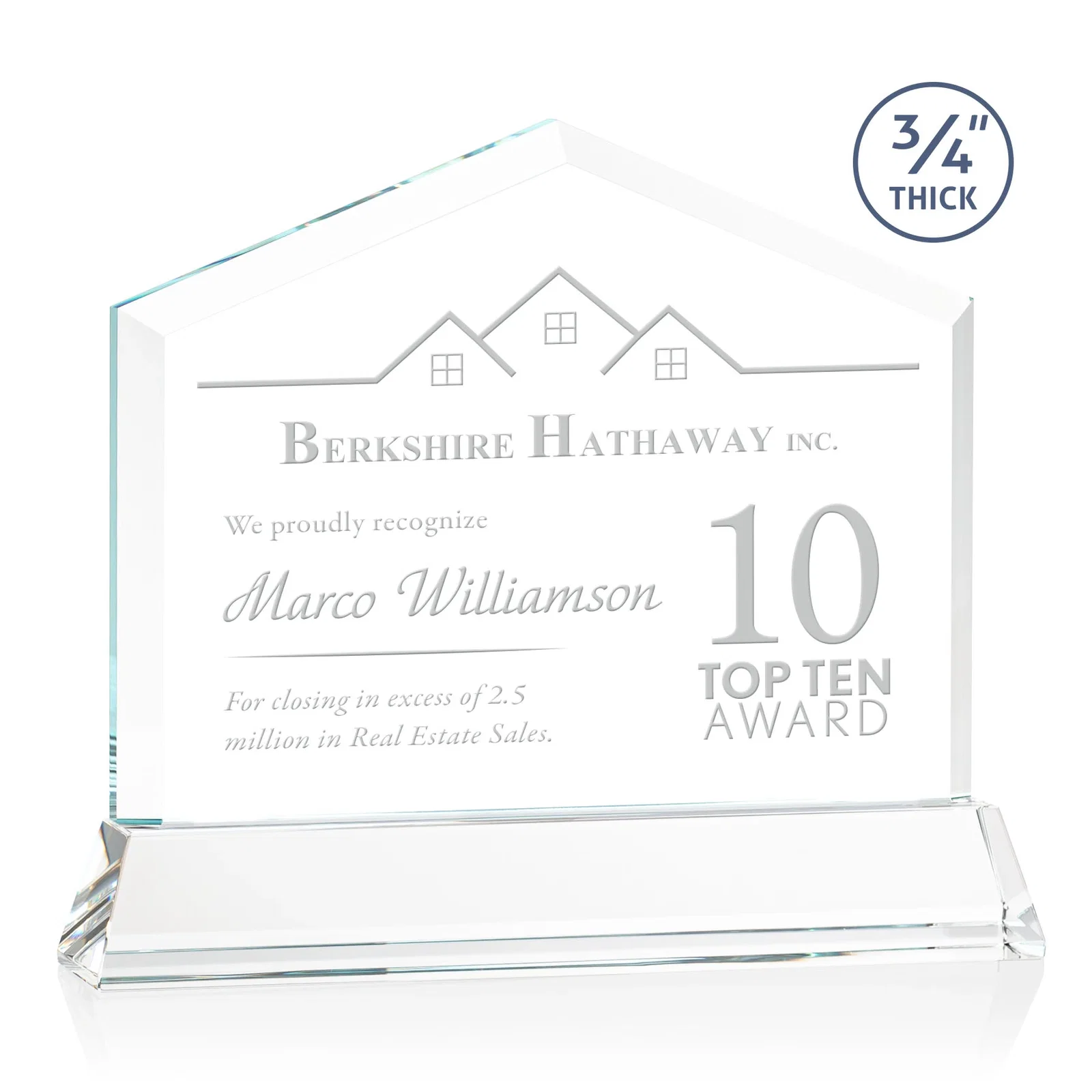 Custom Starfire Crystal Real Estate Award on a Tapered Optical Crystal Base for retirement presentations