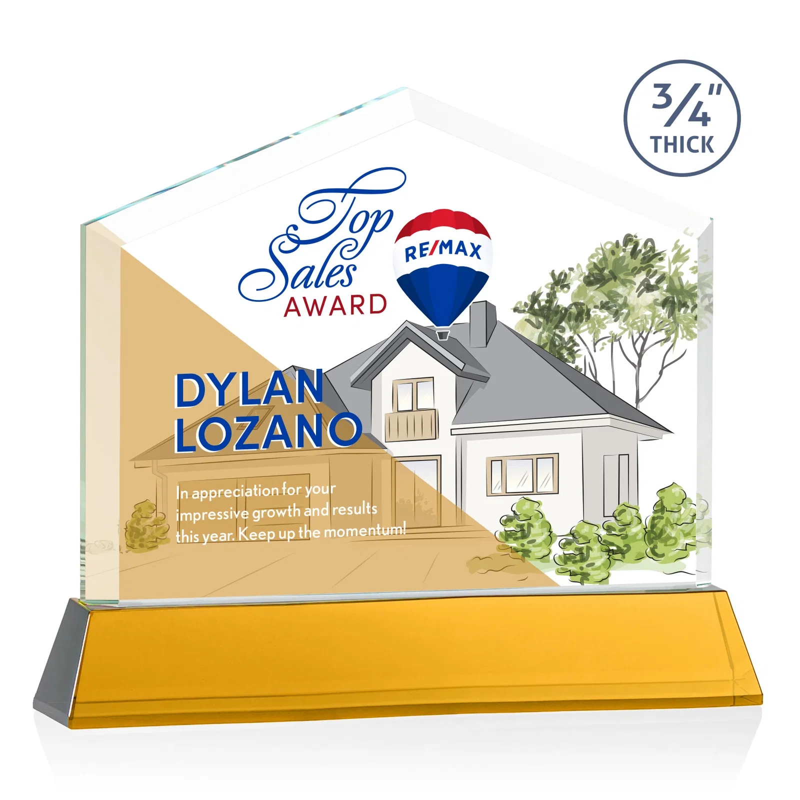 Custom printed Starfire Crystal Real Estate Award on a Tapered Optical Crystal Base for corporate award ceremonies