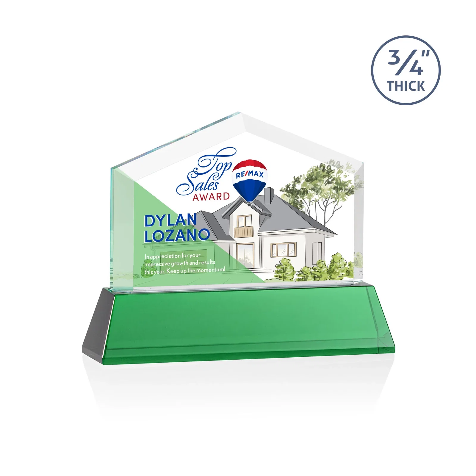 Custom printed Starfire Crystal Real Estate Award on a Tapered Optical Crystal Base for sales achievement awards