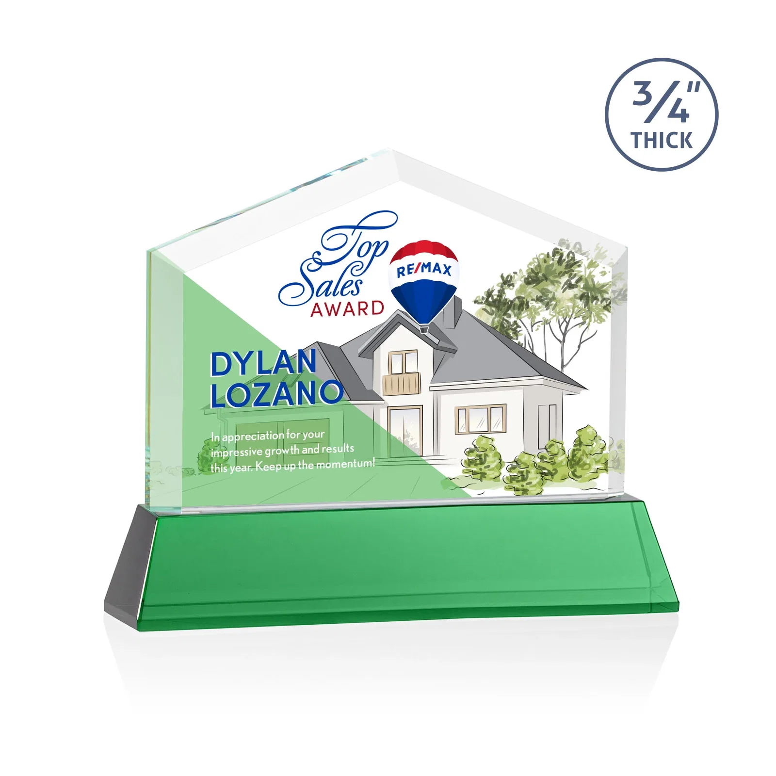Custom printed Starfire Crystal Real Estate Award on a Tapered Optical Crystal Base for retirement presentations