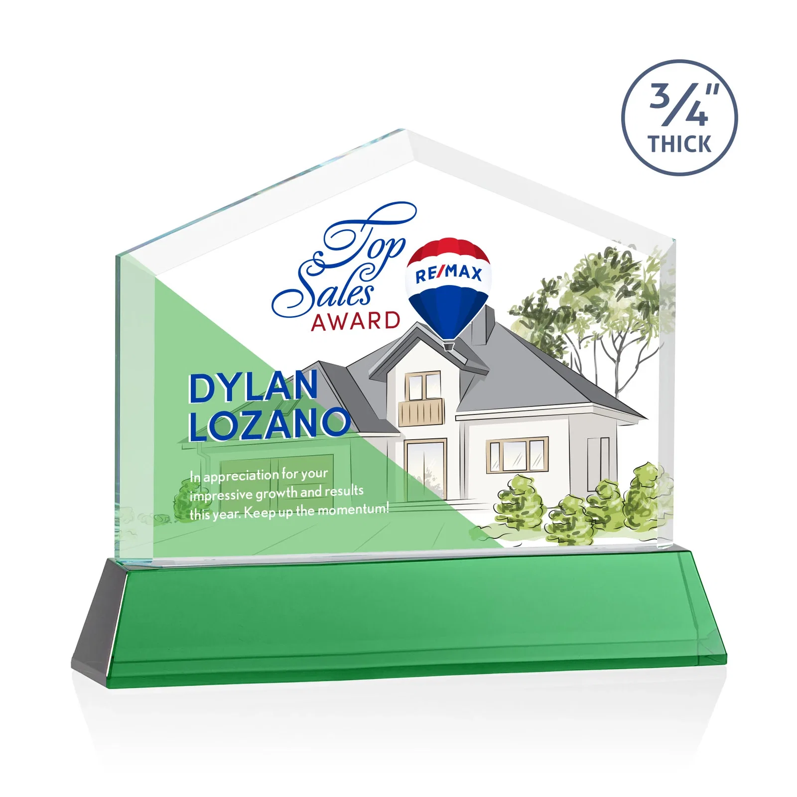Custom printed Starfire Crystal Real Estate Award on a Tapered Optical Crystal Base for team milestone celebrations