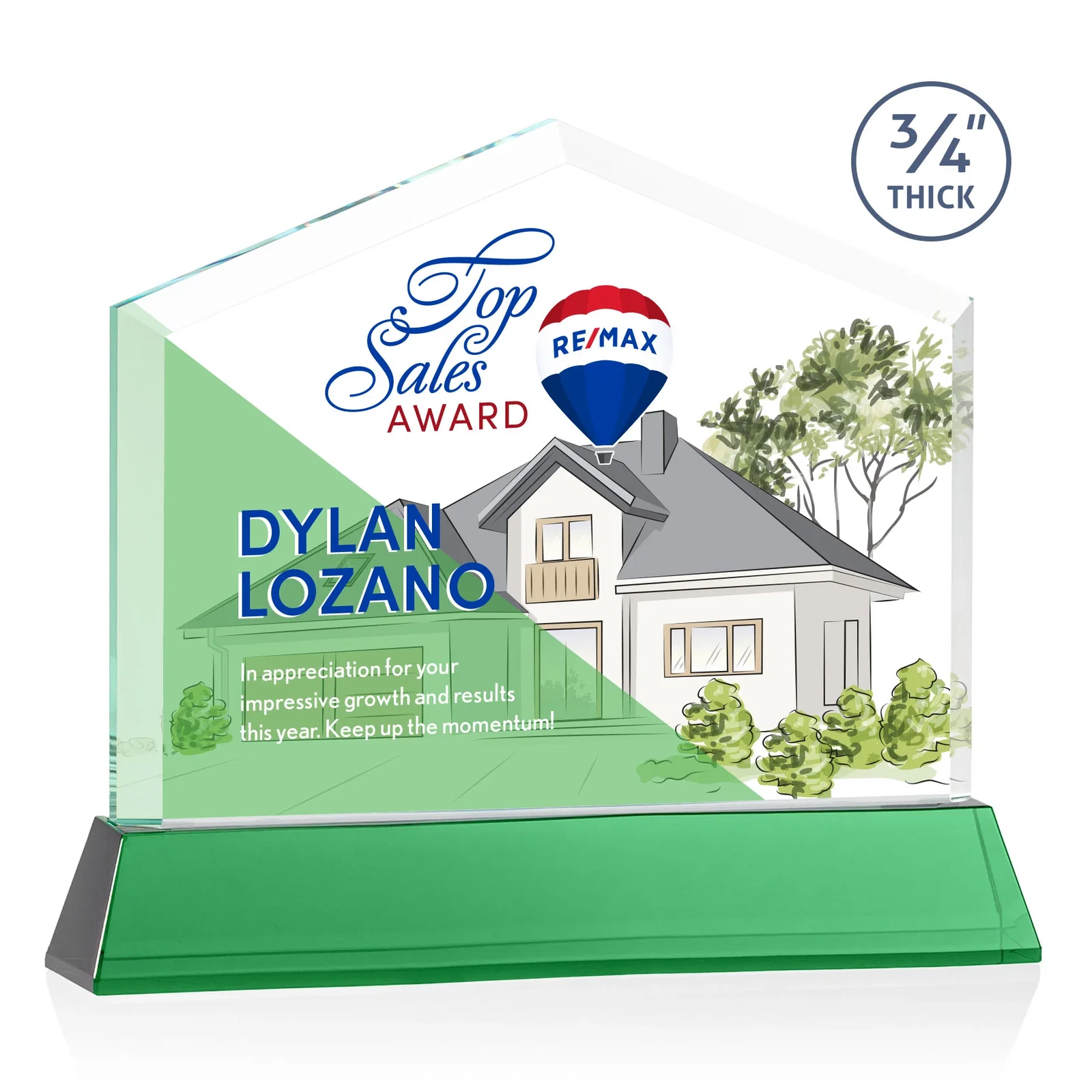 Custom printed Starfire Crystal Real Estate Award on a Tapered Optical Crystal Base for donor appreciation