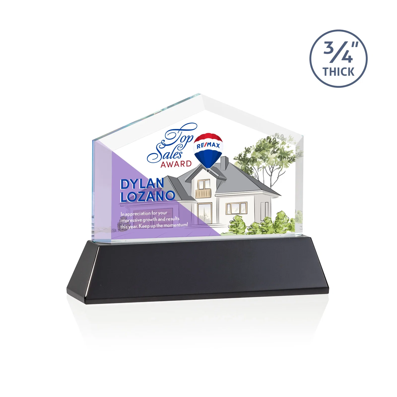 Custom printed Starfire Crystal Real Estate Award on a Tapered Optical Crystal Base for safety achievement programs