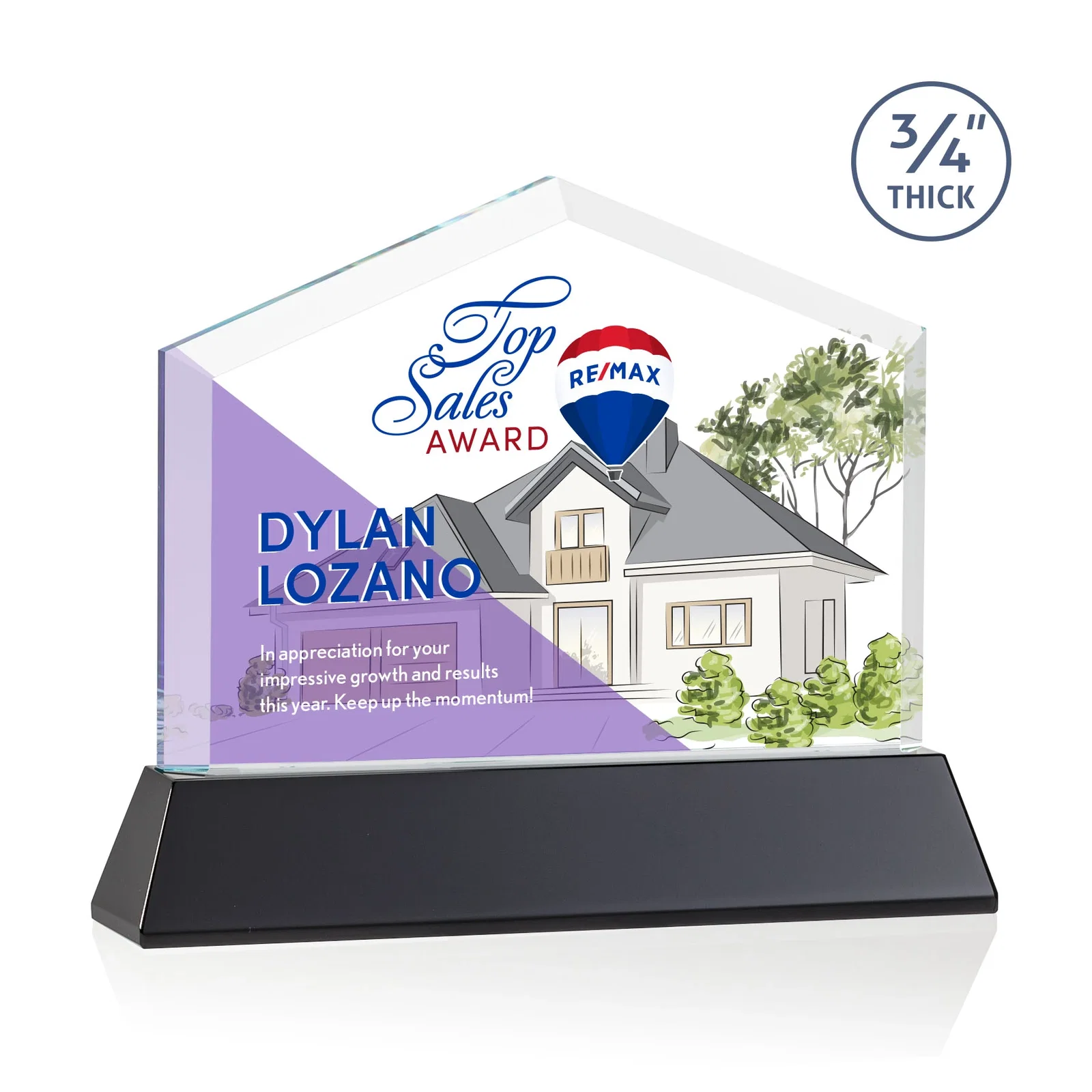 Custom printed Starfire Crystal Real Estate Award on a Tapered Optical Crystal Base for dealer and partner awards