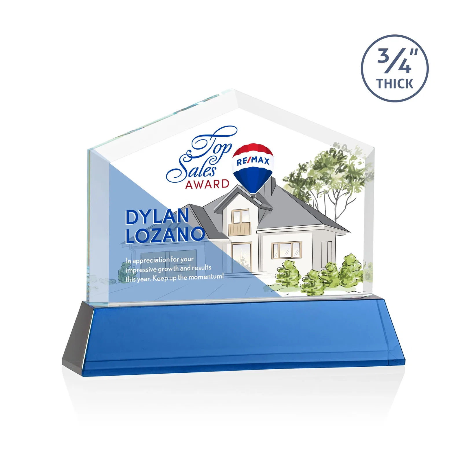 Customized Starfire Crystal Real Estate Award on a Tapered Optical Crystal Base for service anniversary gifts
