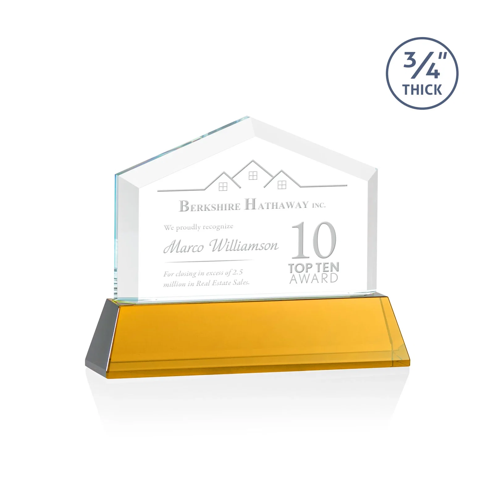 Custom Starfire Crystal Real Estate Award on a Tapered Optical Crystal Base for donor appreciation