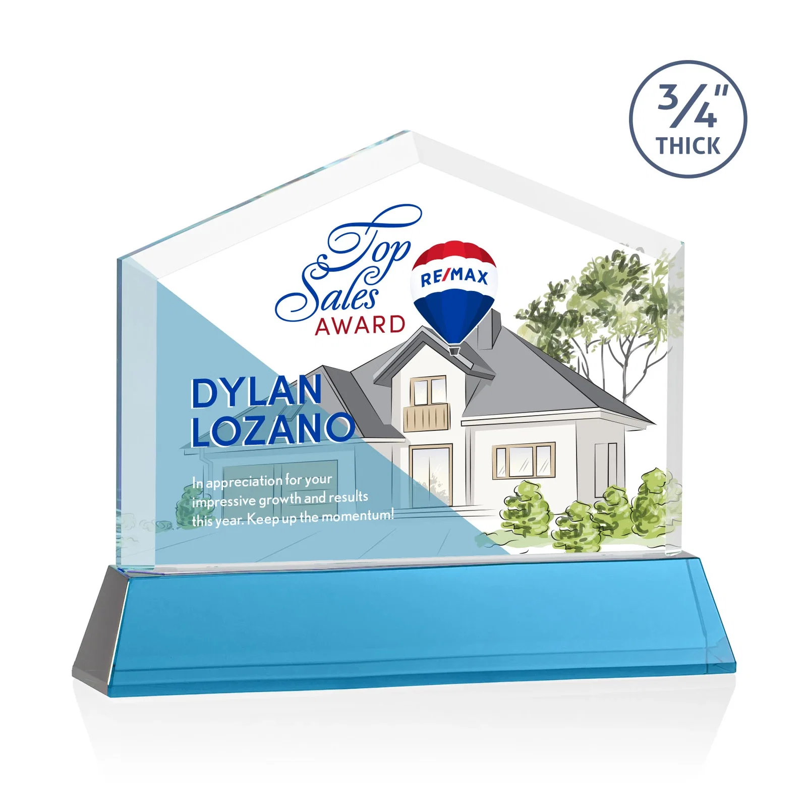Custom engraved Starfire Crystal Real Estate Award on a Tapered Optical Crystal Base for corporate award ceremonies