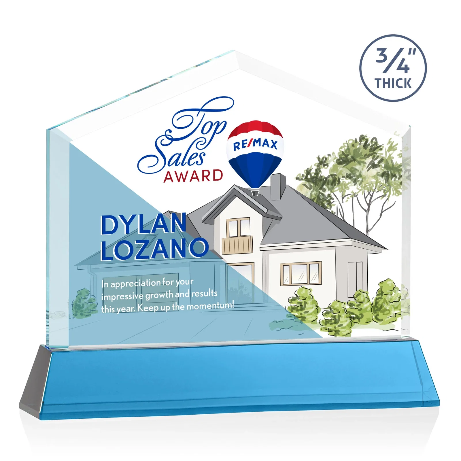 Custom engraved Starfire Crystal Real Estate Award on a Tapered Optical Crystal Base for service anniversary gifts