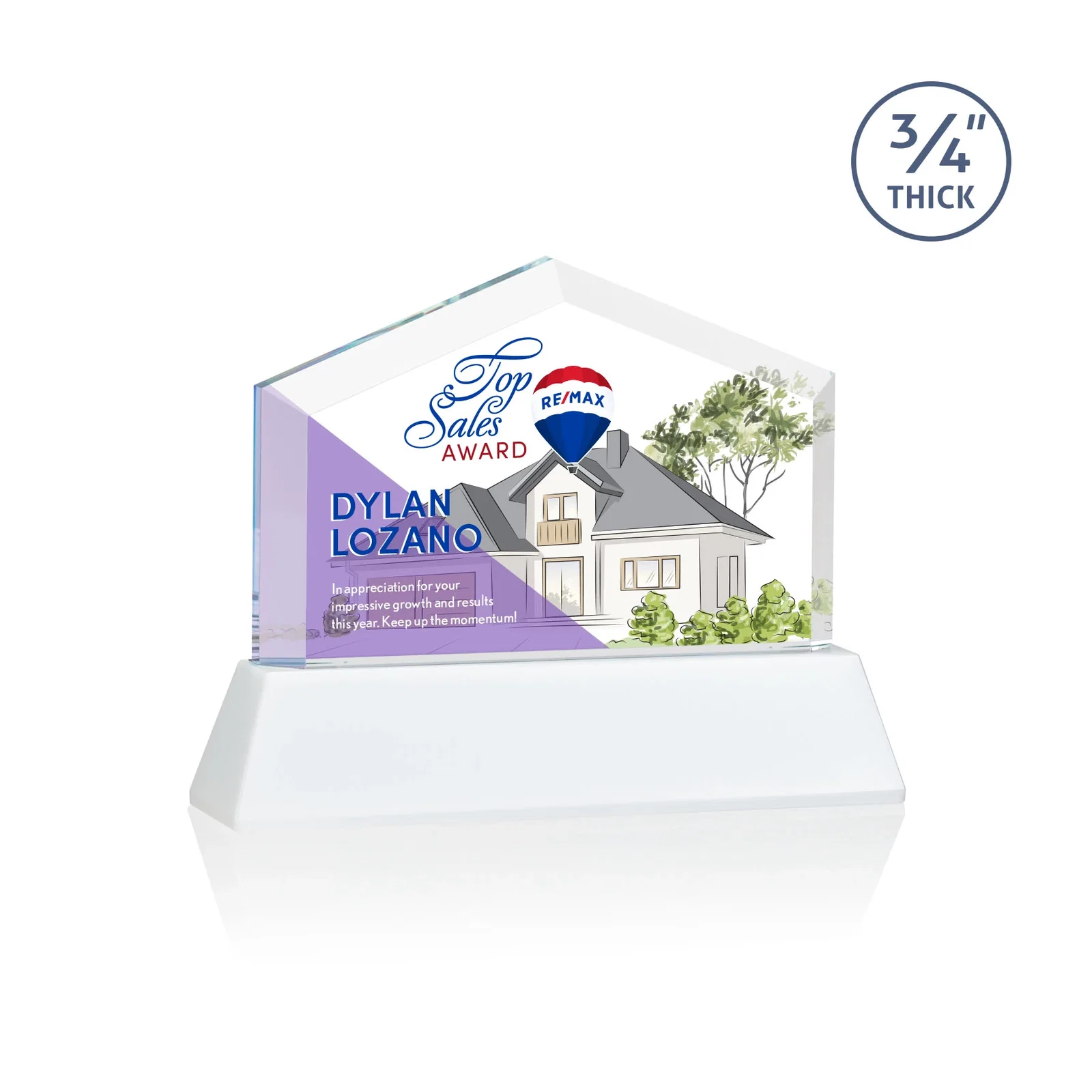 Custom engraved Starfire Crystal Real Estate Award on a Tapered Optical Crystal Base for retirement presentations