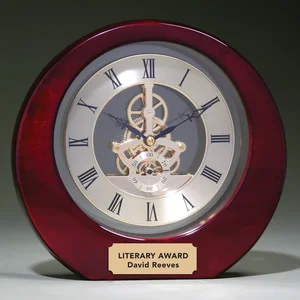 Rosewood Round Clock With Gold Skeleton Floating in a Milled Cutout