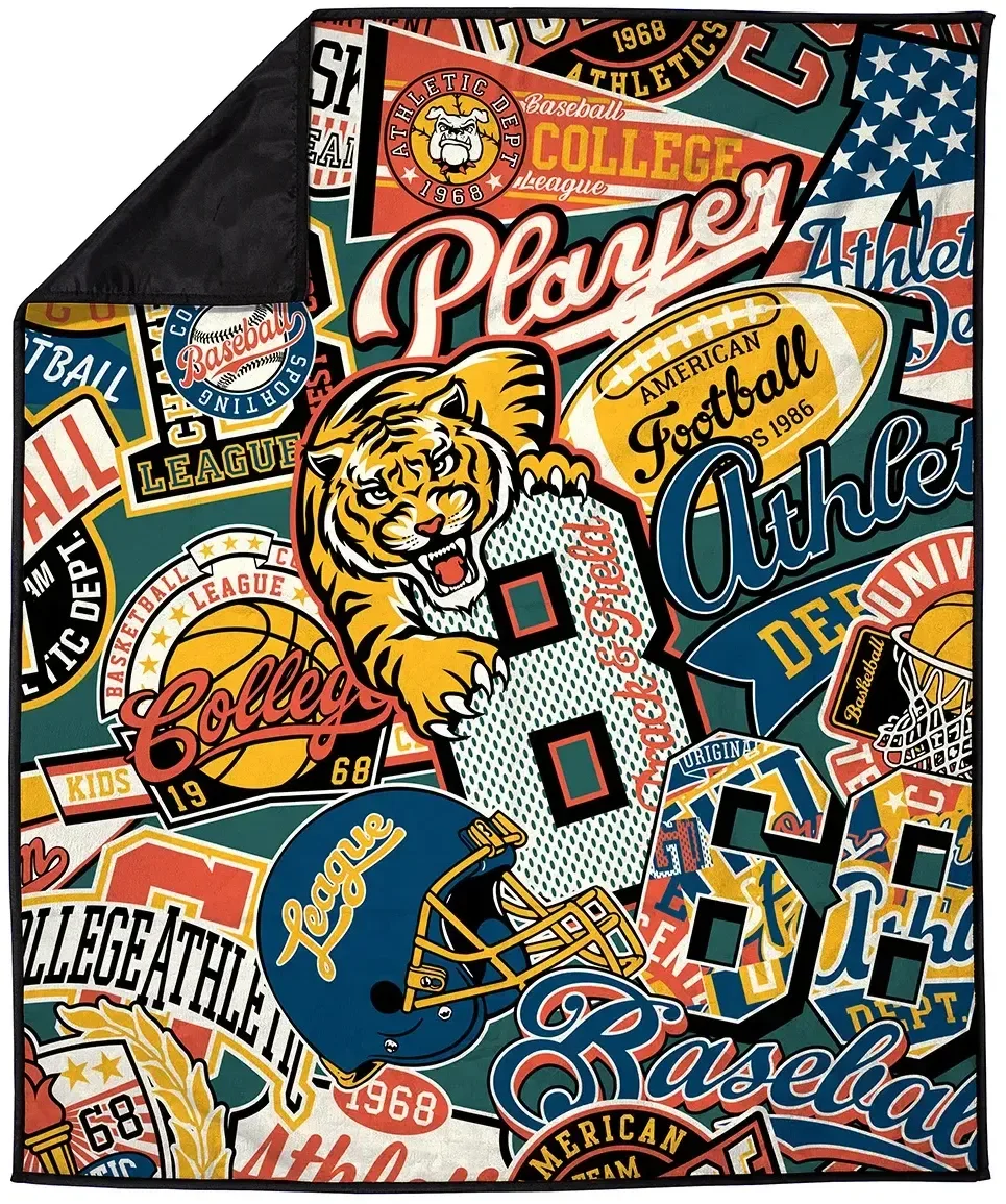 Custom picnic blanket close-up of plush texture, branded dye-sublimated logo throw