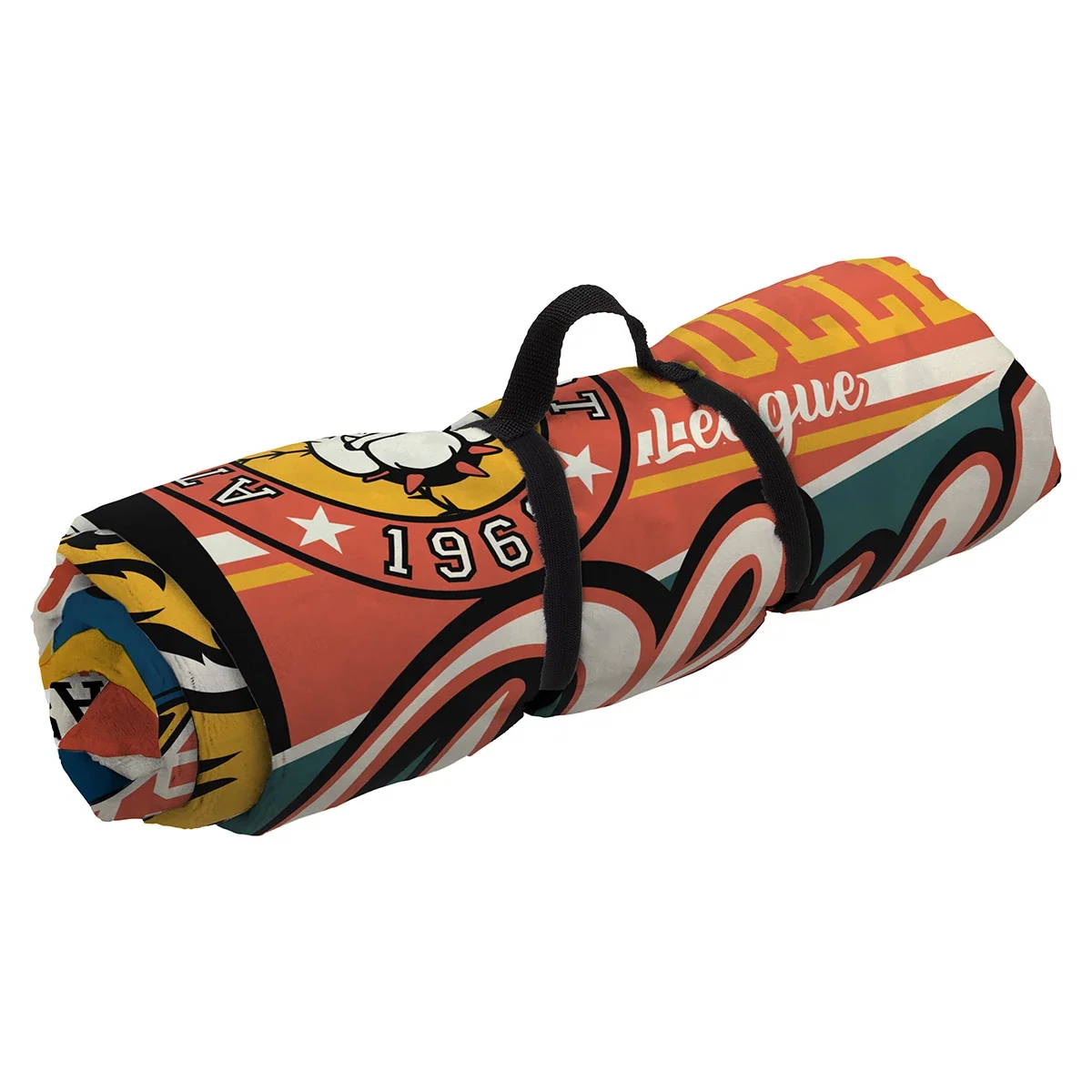 Micro-plush picnic blanket spread out with custom logo, promotional branded throw lifestyle shot